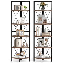 Gymax - 2 PCS 5-tier Corner Display Rack Corner Ladder Bookshelf w/ Sturdy Metal Frame Brown & Black - Rustic Brown, Black