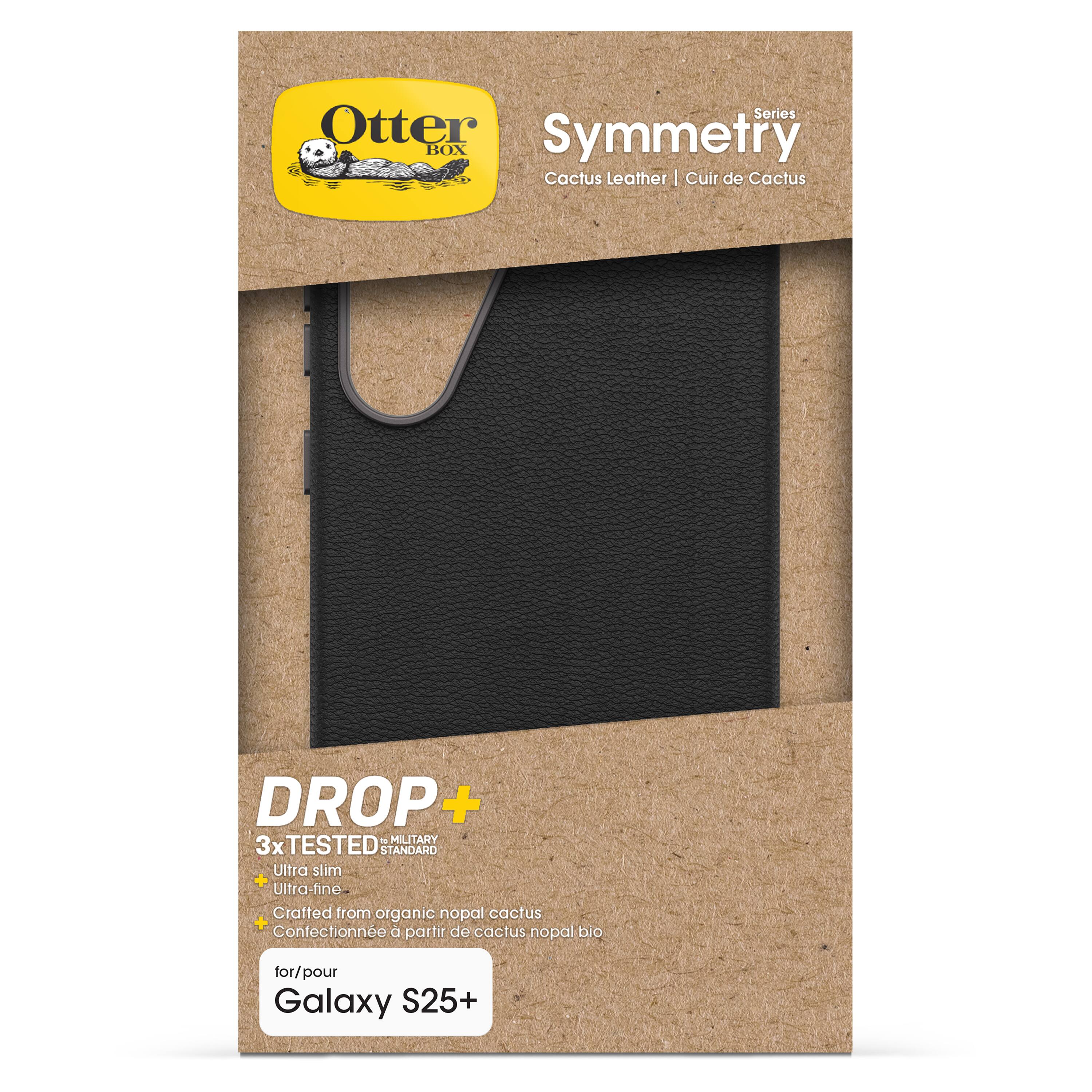 The text on the image reads "Otter Symmetry . BOX Cactus Leather | Cuir de Cactus DROP + T MILITARY 3x TESTED STANDARD Ultra slim + Ultra fine Cratted from organic nopal cactus Confectionne partir de cactus nopal bio for/ pour Galaxy S25+".