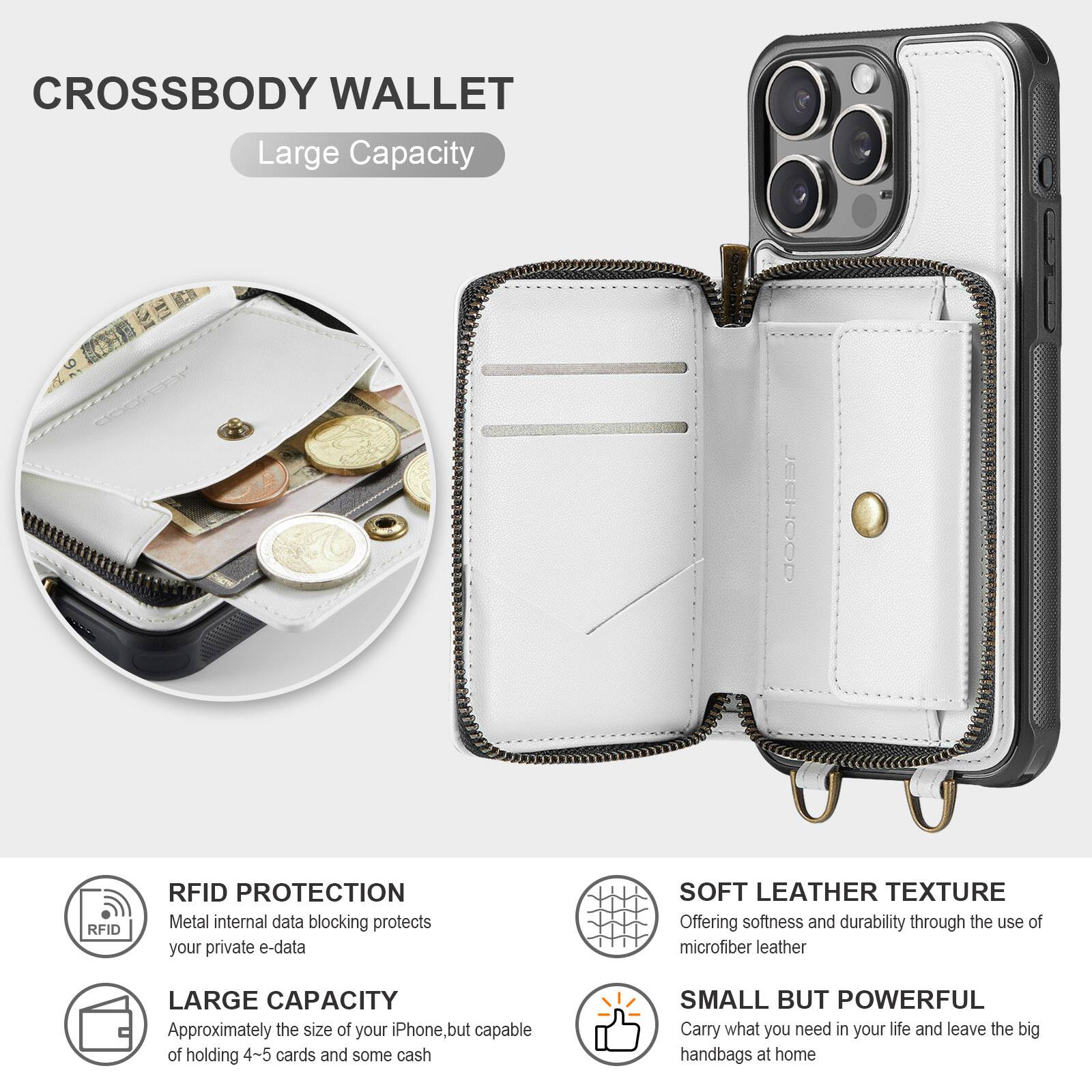 CROSSBODY WALLET

Large Capacity

RFID PROTECTION
Metal internal data blocking protects your private e-data

LARGE CAPACITY
Approximately the size of your iPhone, but capable of holding 4-5 cards and some cash

SOFT LEATHER TEXTURE
Offering softness and durability through the use of microfiber leather

SMALL BUT POWERFUL
Carry what you need in your life and leave the big handbags at home