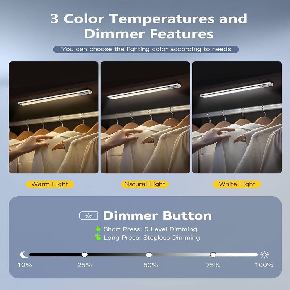 3 Color Temperatures and Dimmer Features  
You can choose the lighting color according to needs  

Warm Light  
Natural Light  
White Light  

Dimmer Button  
Short Press: 5 Level Dimming  
Long Press: Stepless Dimming  

10% 25% 50% 75% 100%