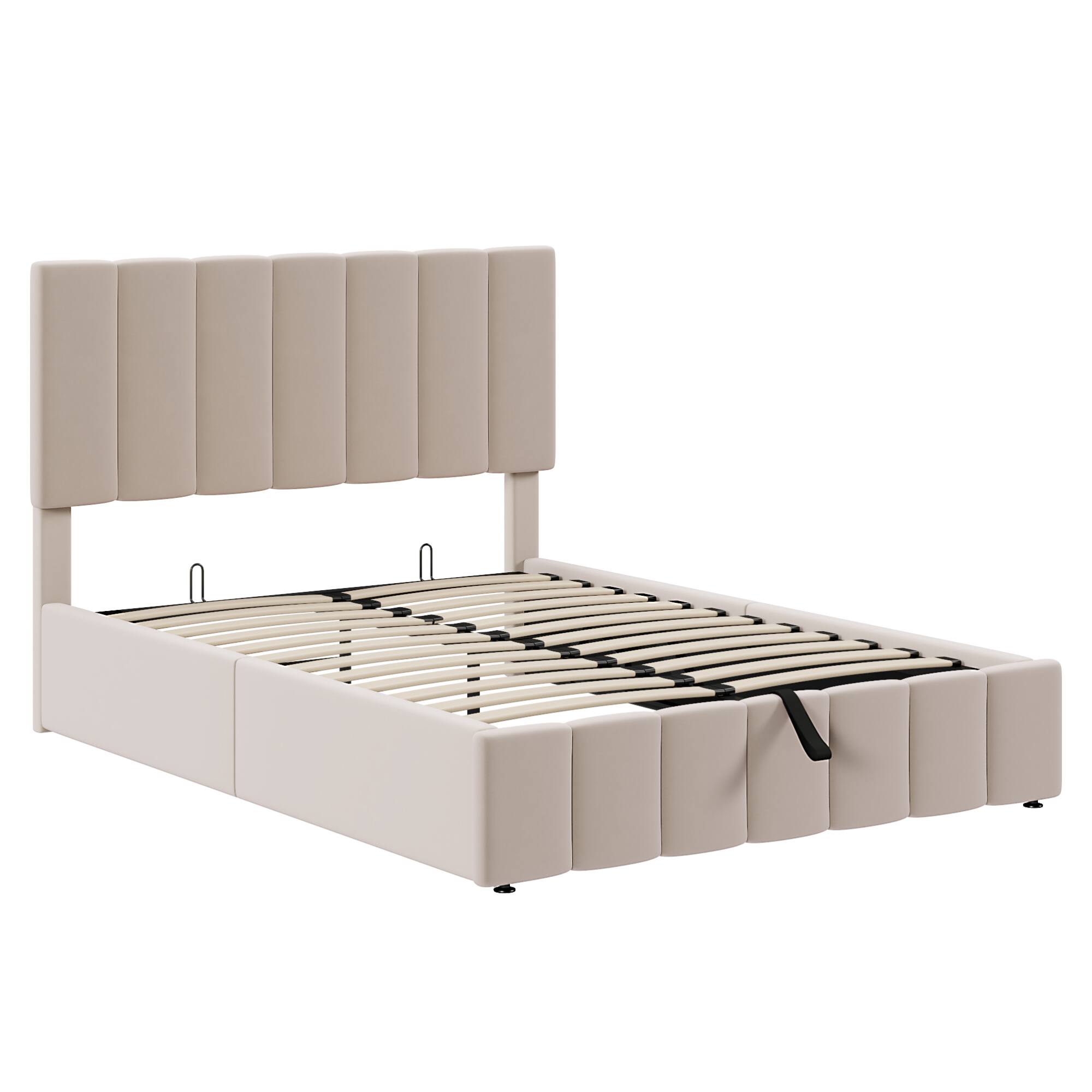 Alt View 1. GOODSILO - Full Size Upholstered Platform Bed with Hydraulic Storage System and Wooden Slat Support - Beige.