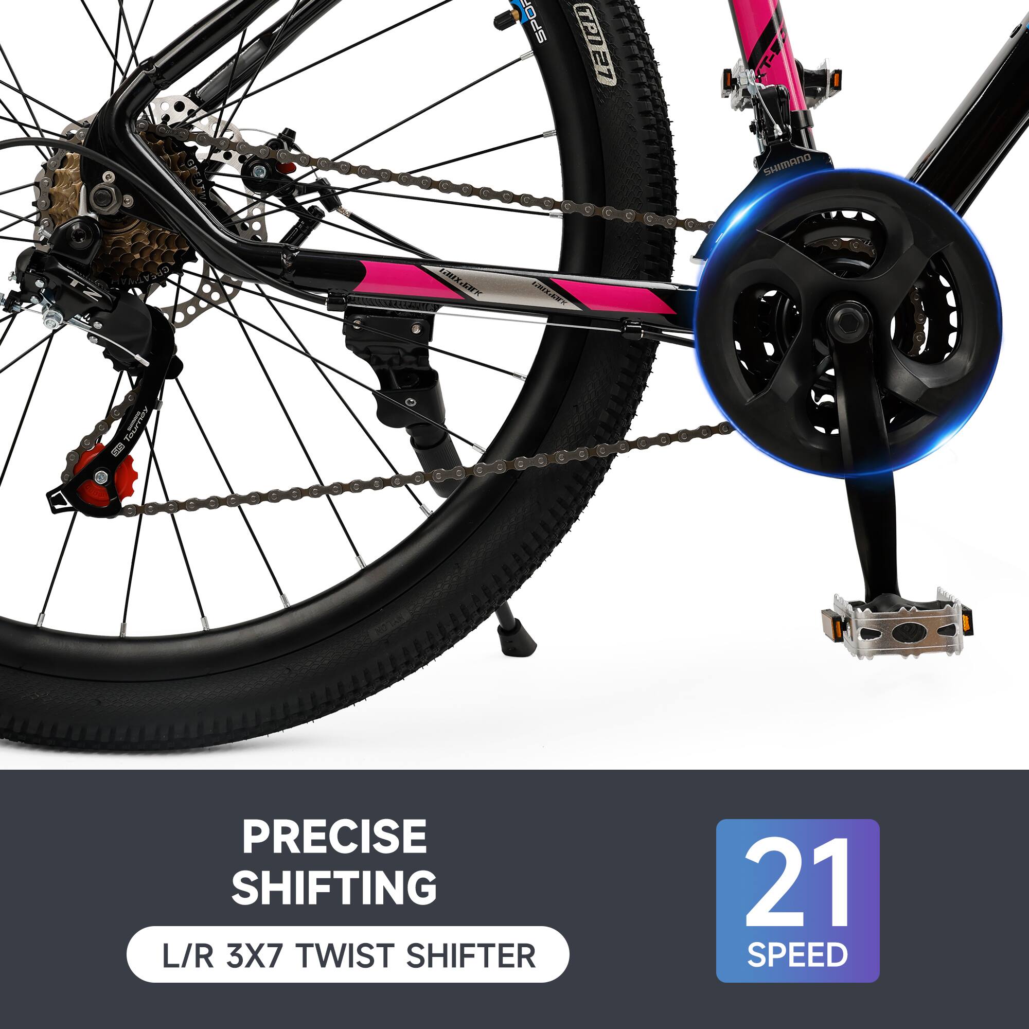 Sure, here is the corrected and grouped text:

- **PRECISE SHIFTING**
- **L/R 3X7 TWIST SHIFTER**
- **21 SPEED**