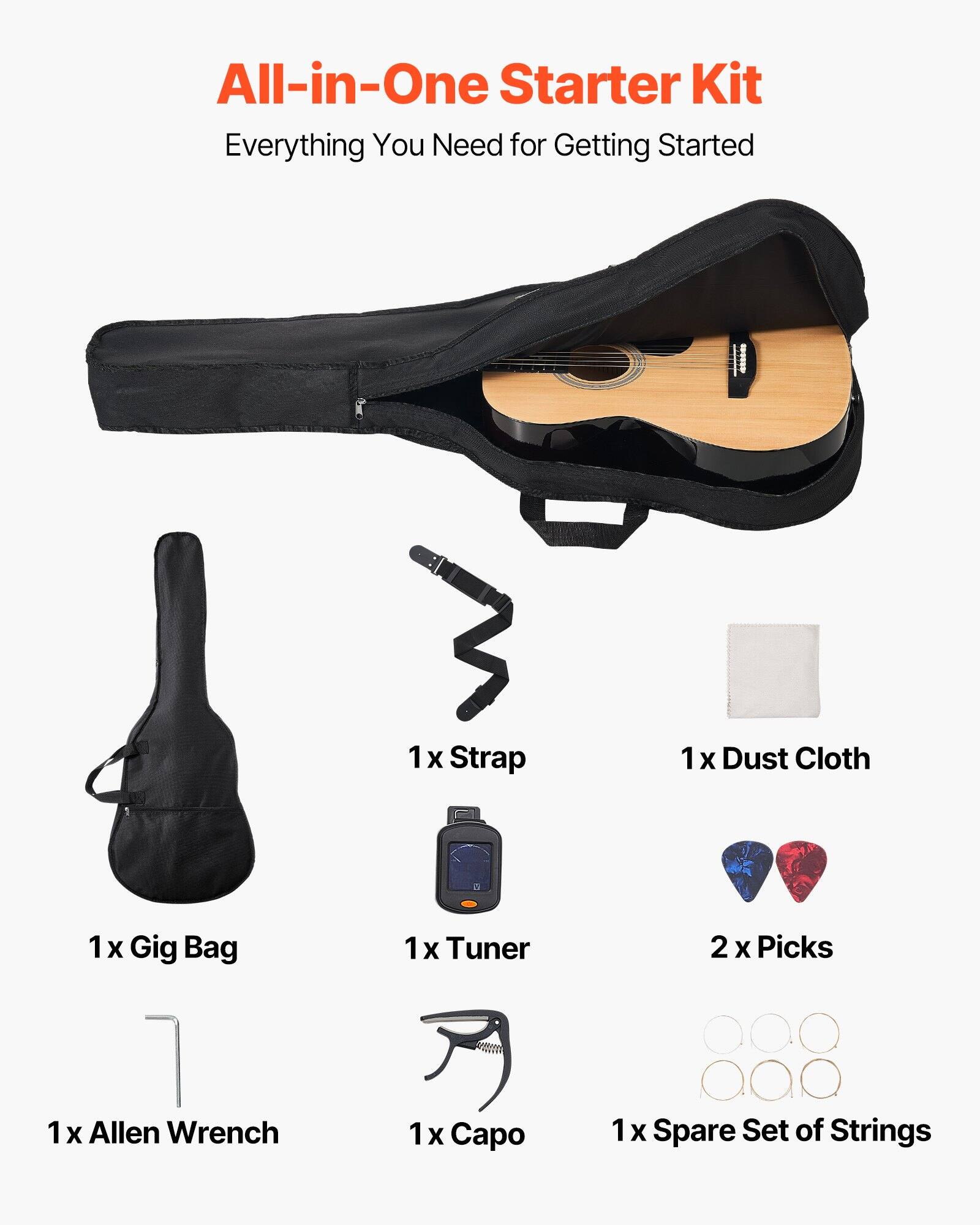 All-in-One Starter Kit  
Everything You Need for Getting Started  

1 x Strap  
1 x Dust Cloth  
1 x Gig Bag  
1 x Tuner  
2 x Picks  
1 x Allen Wrench  
1 x Capo  
1 x Spare Set of Strings