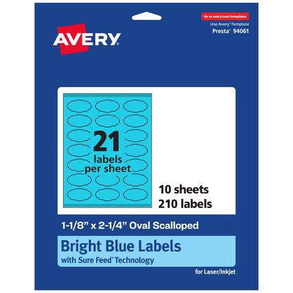 Go to avery.com/templates
AVERY
Use Avery Template Presta 94061
21 labels per sheet
10 sheets
210 labels
1-1/8" x 2-1/4" Oval Scalloped
Bright Blue Labels with Sure Feed Technology for Laser/Inkjet