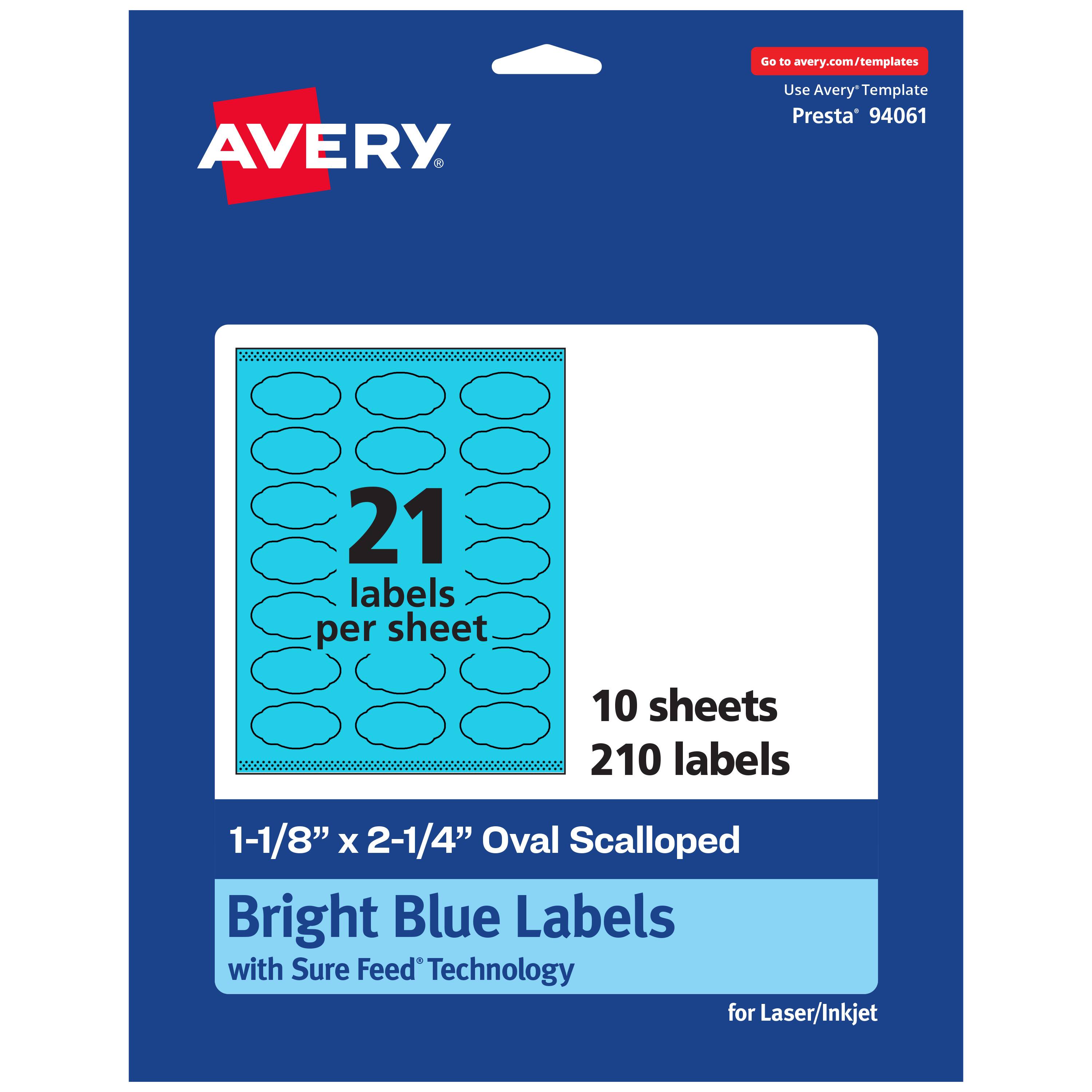 Go to avery.com/templates  
AVERY  
Use Avery Template Presta 94061  
21 labels per sheet  
10 sheets  
210 labels  
1-1/8" x 2-1/4" Oval Scalloped  
Bright Blue Labels with Sure Feed Technology for Laser/Inkjet