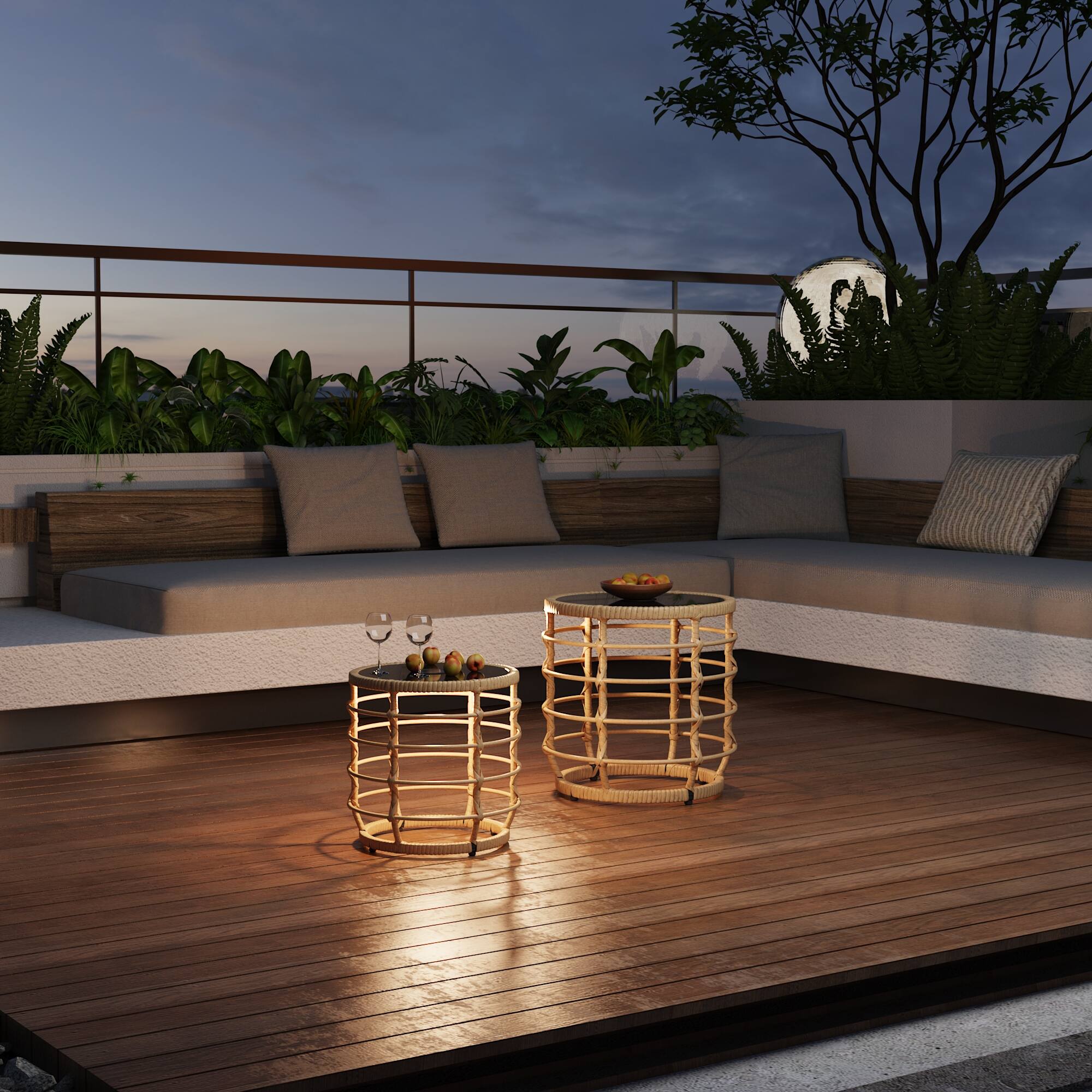 Angle. FUFU&GAGA - Outdoor Rattan Solar Coffee Table Set with Glass Top and LED Light for Patio, Balcony, or Garden - Black & Wooden.