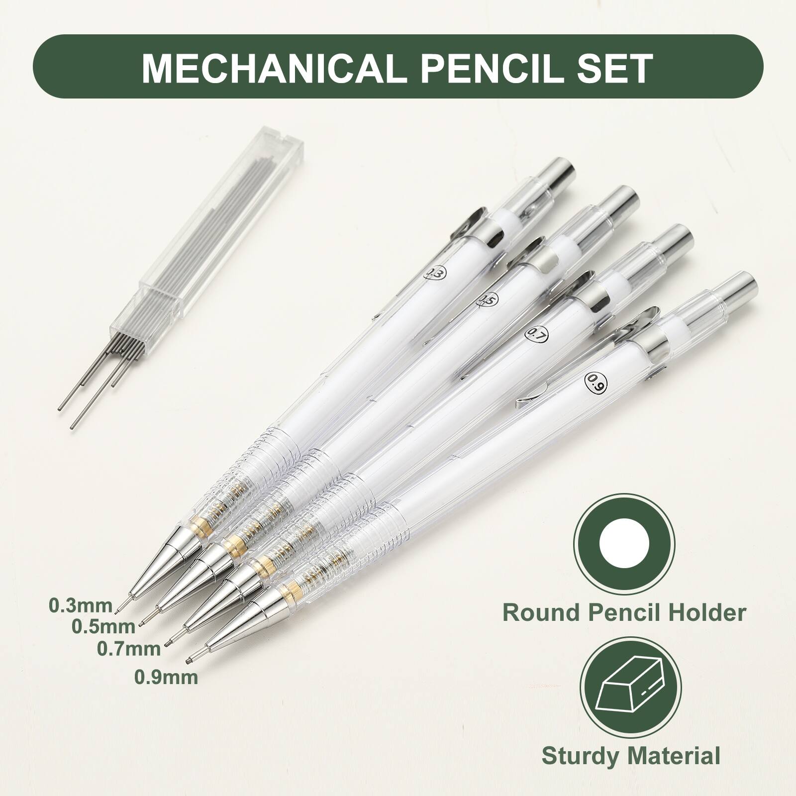 MECHANICAL PENCIL SET

0.3mm 0.5mm 0.7mm 0.9mm

Round Pencil Holder

Sturdy Material