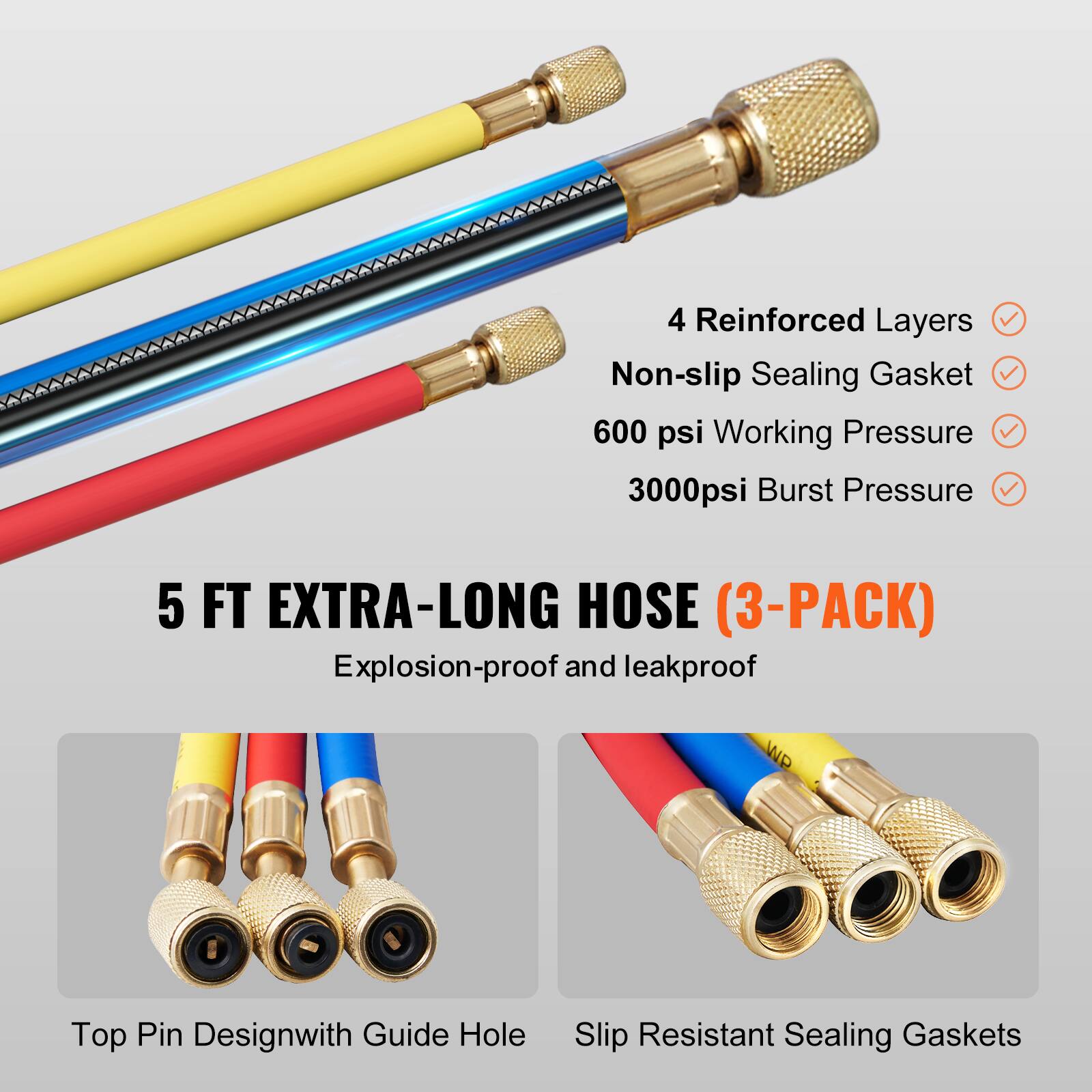 4 Reinforced Layers  
Non-slip Sealing Gasket  
600 psi Working Pressure  
3000psi Burst Pressure  

5 FT EXTRA-LONG HOSE (3-PACK)  
Explosion-proof and leakproof  

Top Pin Design with Guide Hole  
Slip Resistant Sealing Gaskets