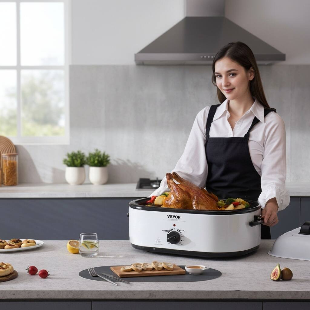 Alt View 5. Forest'nSky - 22 Qt Electric Roaster Oven with Self-Basting Lid, 1450W, Fits 26 lb Turkey, Adjustable Temp for Baking , White - White.