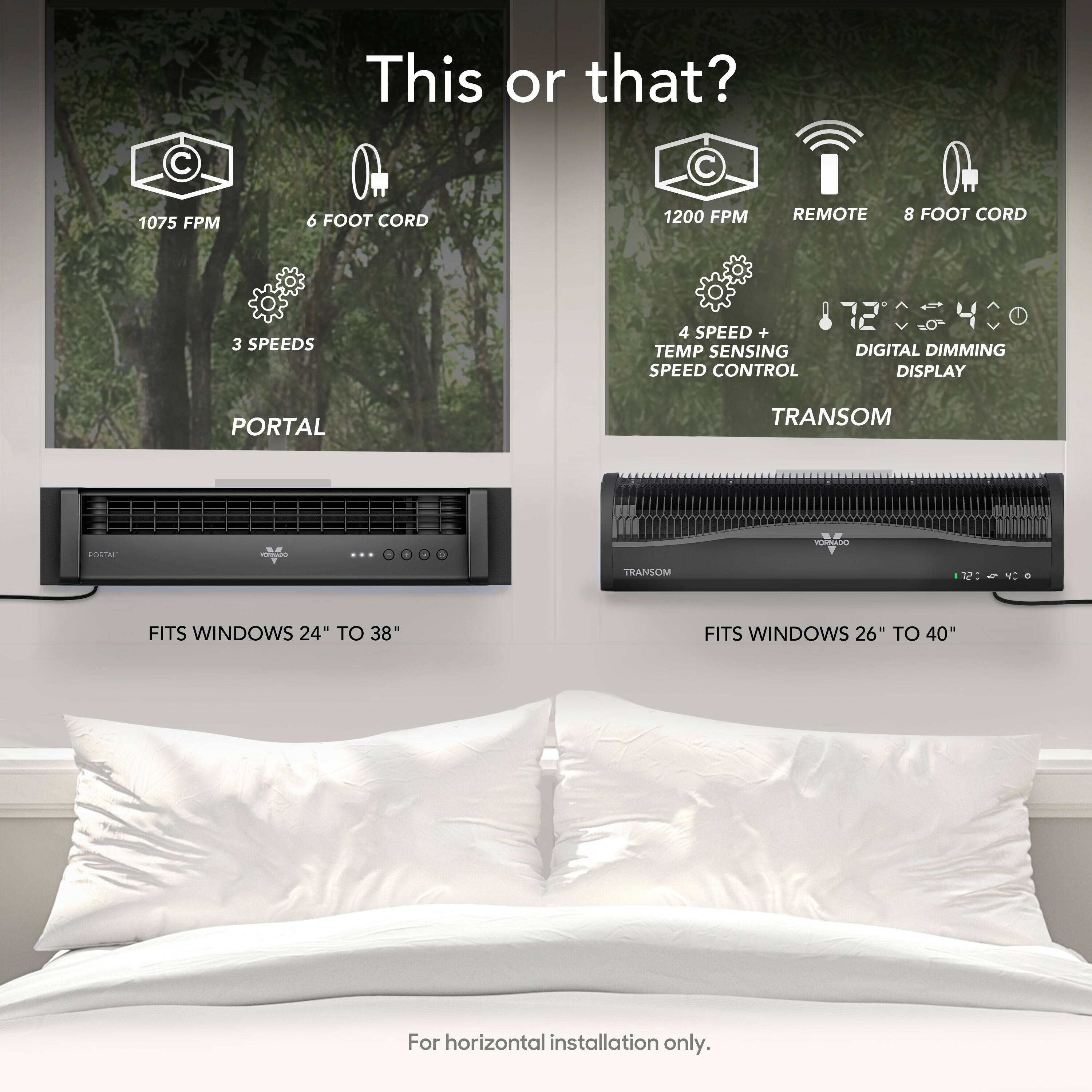 This or that? 1075 FPM 6 FOOT CORD 1200 FPM REMOTE 8 FOOT CORD 3 SPEEDS 4 SPEED + TEMP SENSING SPEED CONTROL DIGITAL DIMMING DISPLAY PORTAL TRANSOM PORTAL WADAN TRANSOM M FITS WINDOWS 24" TO 38" FITS WINDOWS 26" TO 40" For horizontal installation only.