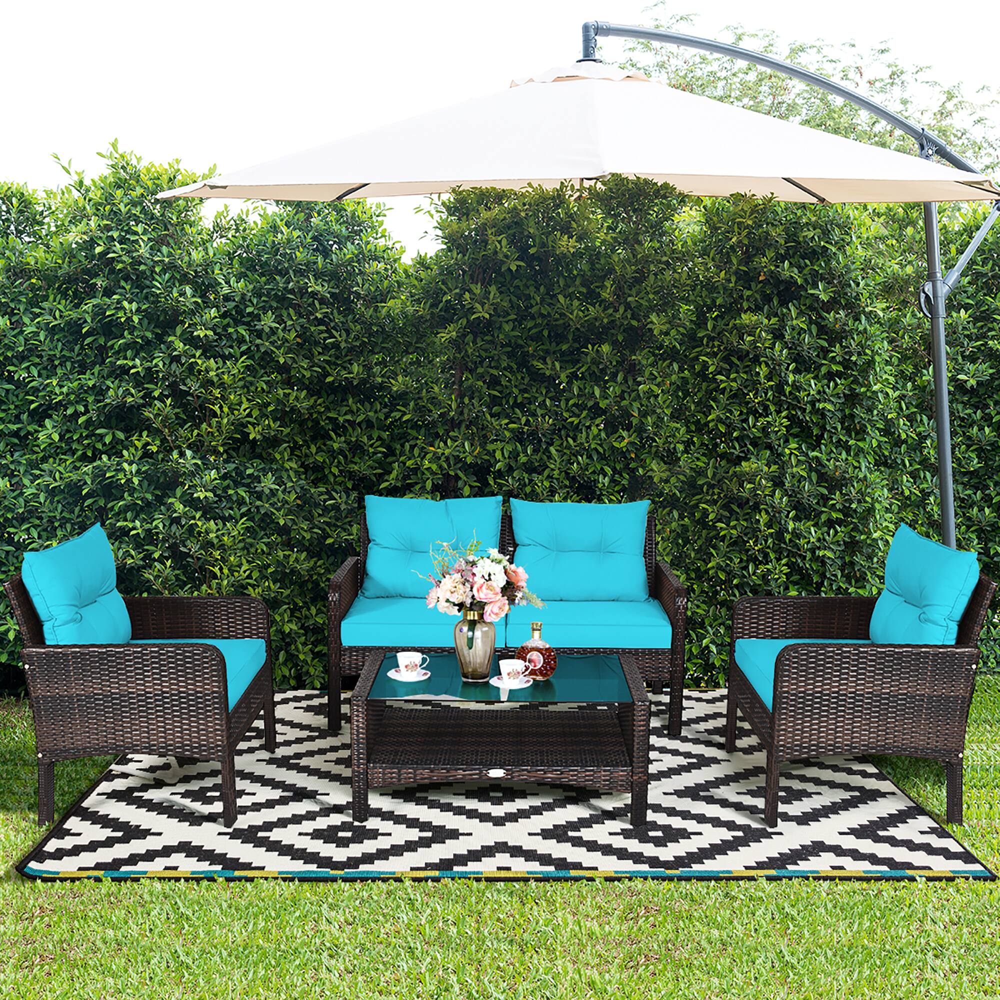 Alt View 1. Costway - Costway 4PCS Patio Rattan Furniture Set Loveseat Sofa Coffee Table W/ Cushion - Turquoise.