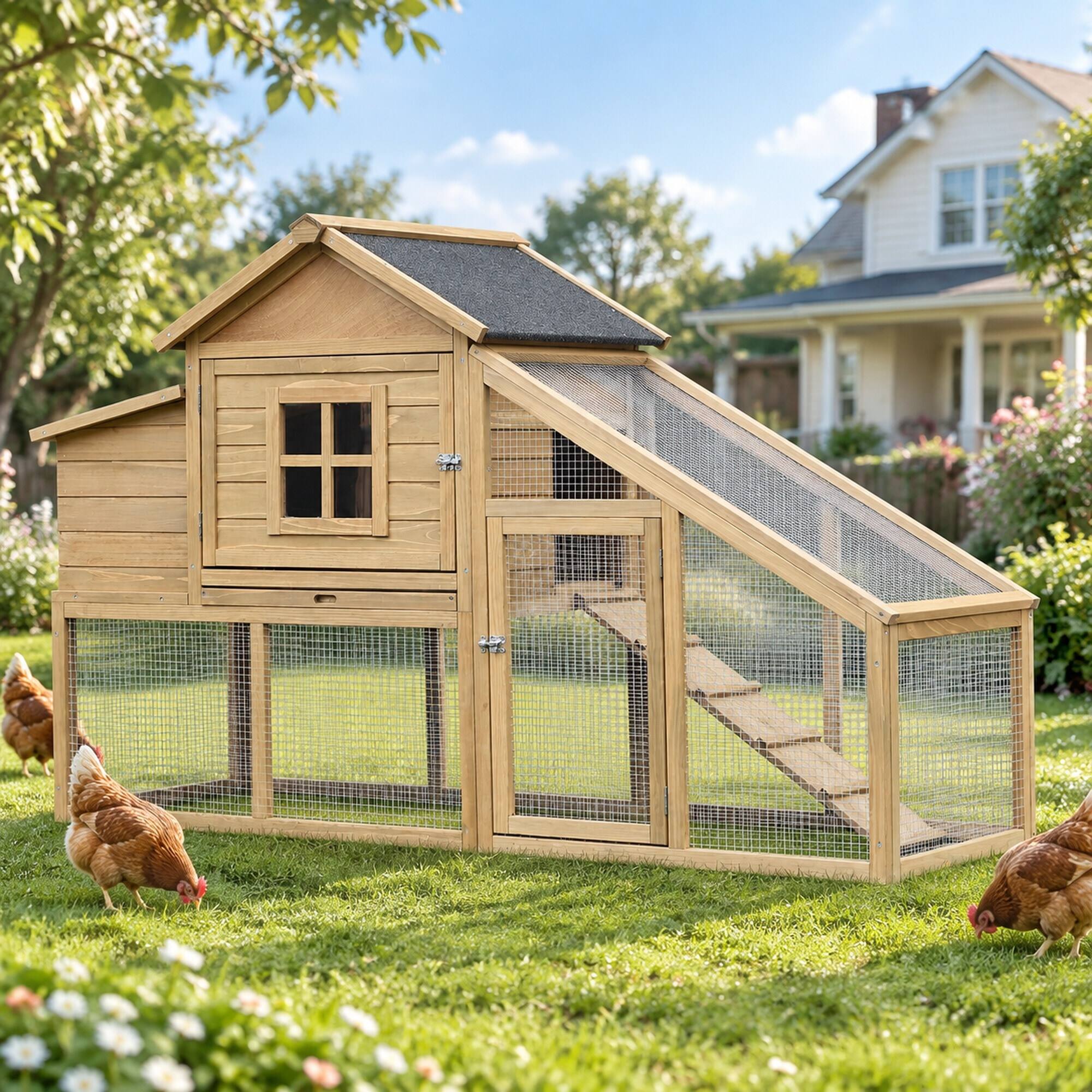 RYHNUYNE 69.25 in Wooden Chicken Coop, Fir Wood Hen House, Asphalt Roof ...