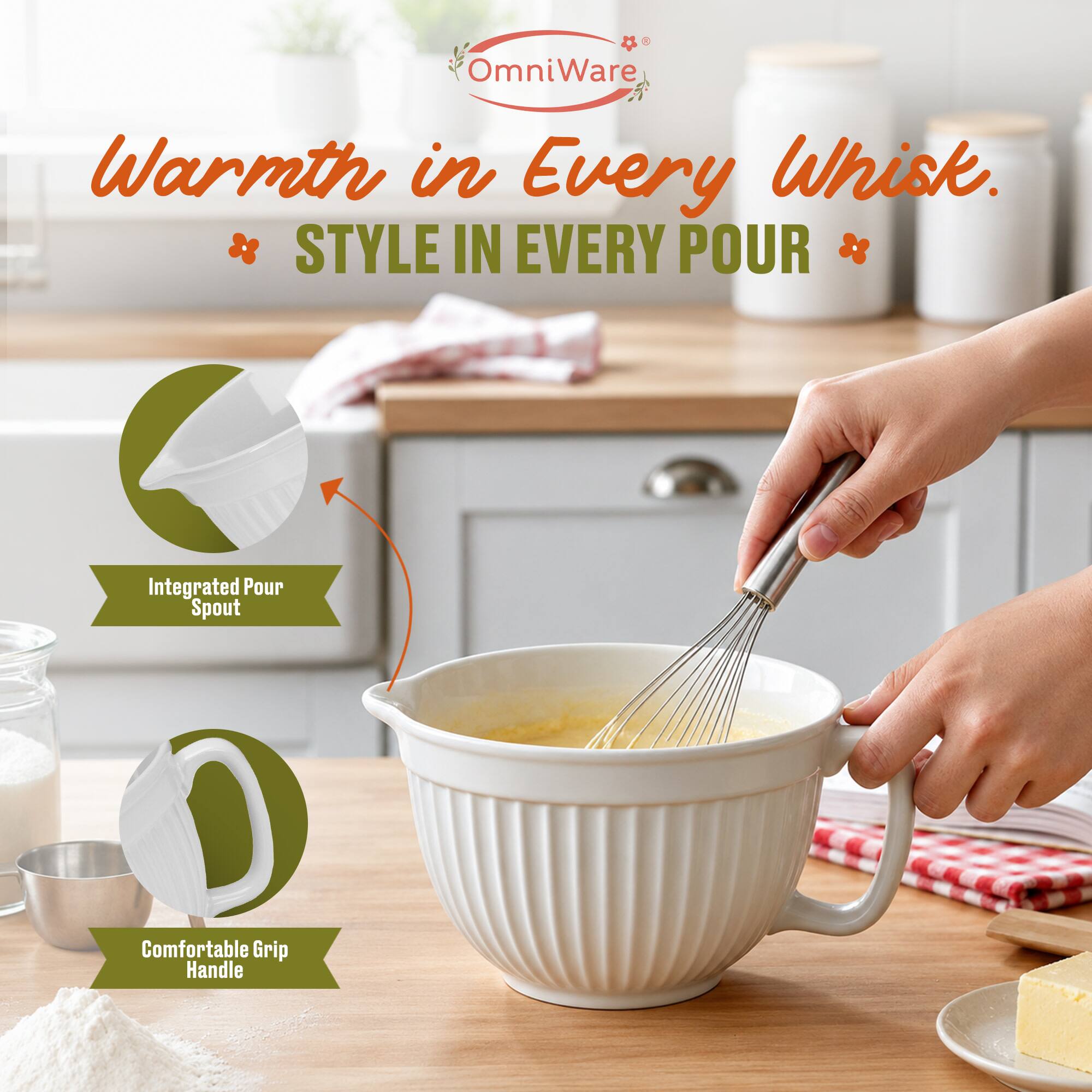 # OmniWare  
Warmth in Every Whisk.  
STYLE IN EVERY POUR  
Integrated Pour Spout  
Comfortable Grip Handle