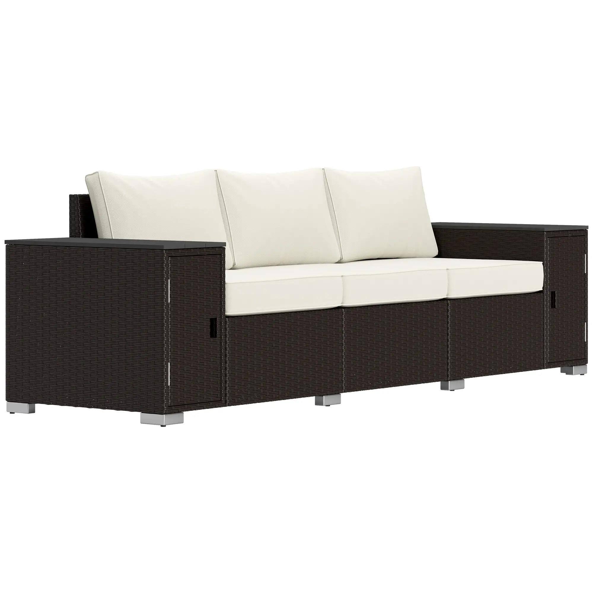 Angle. Resenkos - Resenkos 3 Seater Sofa, Outdoor Sectional Furniture, PE Wicker, Cream White and Brown - Cream White and Brown.