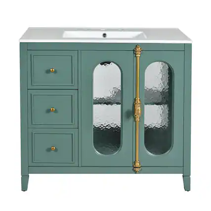Front. Boyel Living - 36 Inch Bathroom Vanity with Ceramic Sink Solid Wood Frame Three Drawers Lake Green - Green.