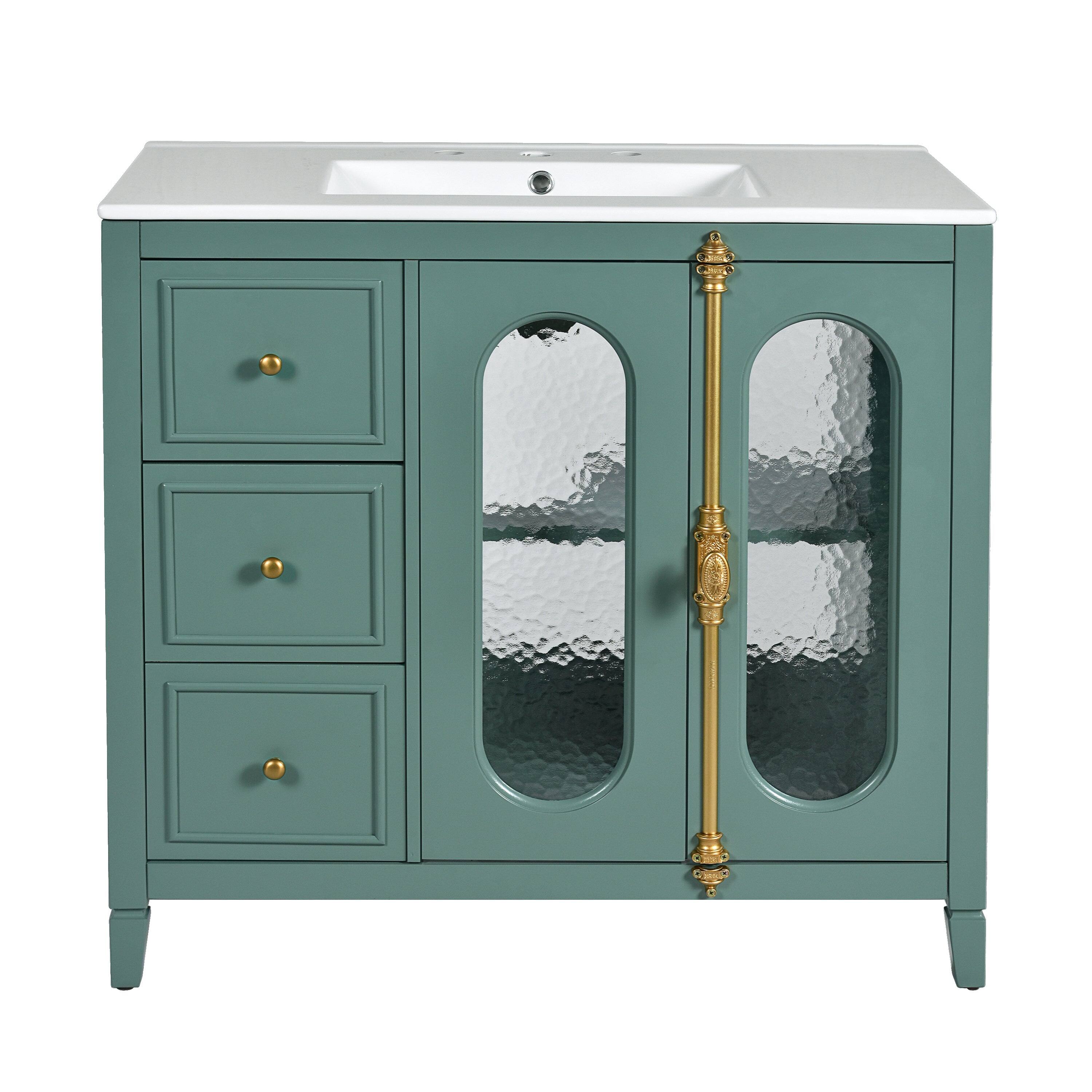 Front. Boyel Living - 36 Inch Bathroom Vanity with Ceramic Sink Solid Wood Frame Three Drawers Lake Green - Green.