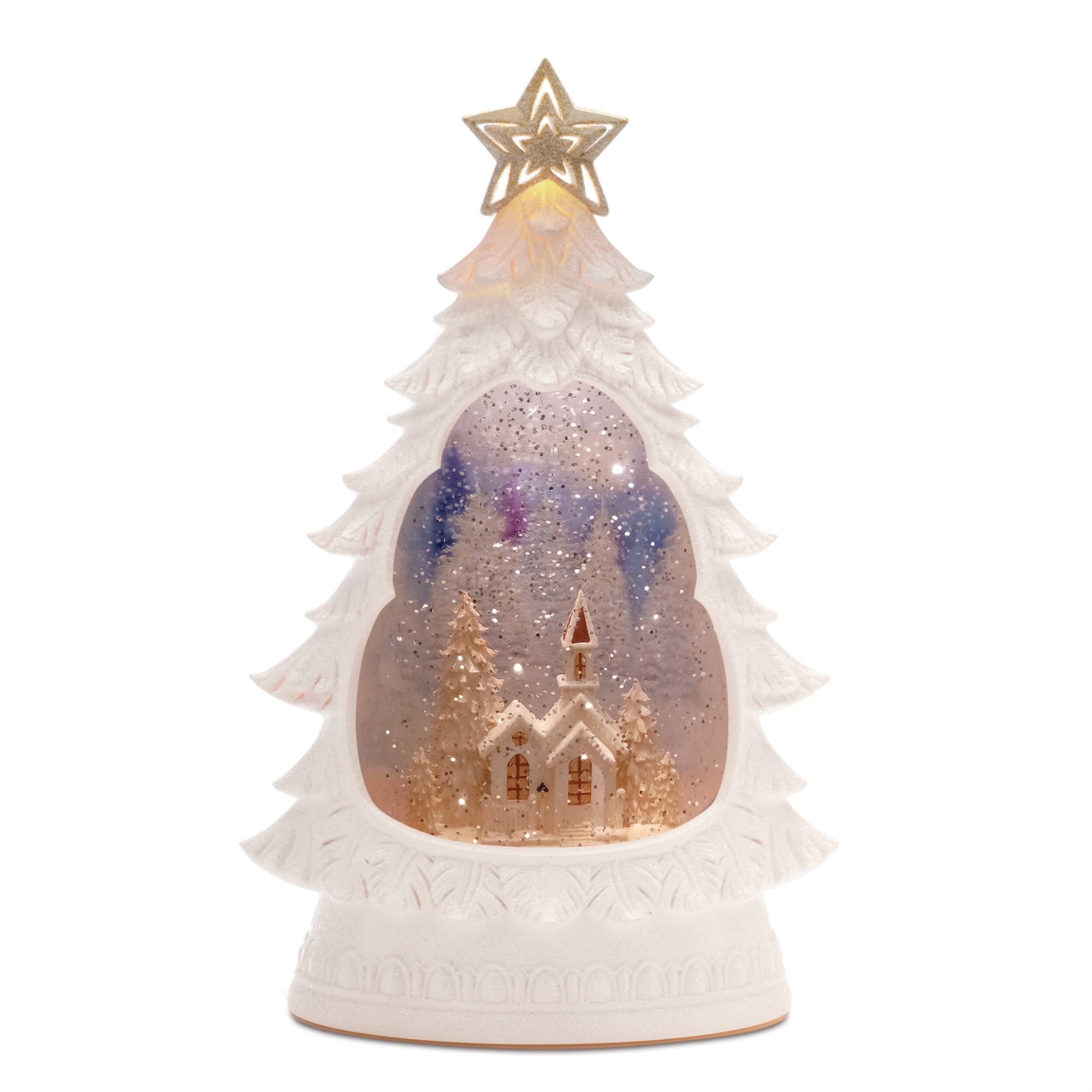 BreeBe - LED Winter Church Pine Tree Snow Globe 12"H - White, Gold, Blue