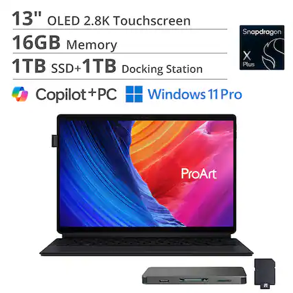 13" OLED 2.8K Touchscreen
16GB Memory
1TB SSD + 1TB Docking Station
Copilot + PC
Windows 11 Pro
Snapdragon X Plus
ProArt