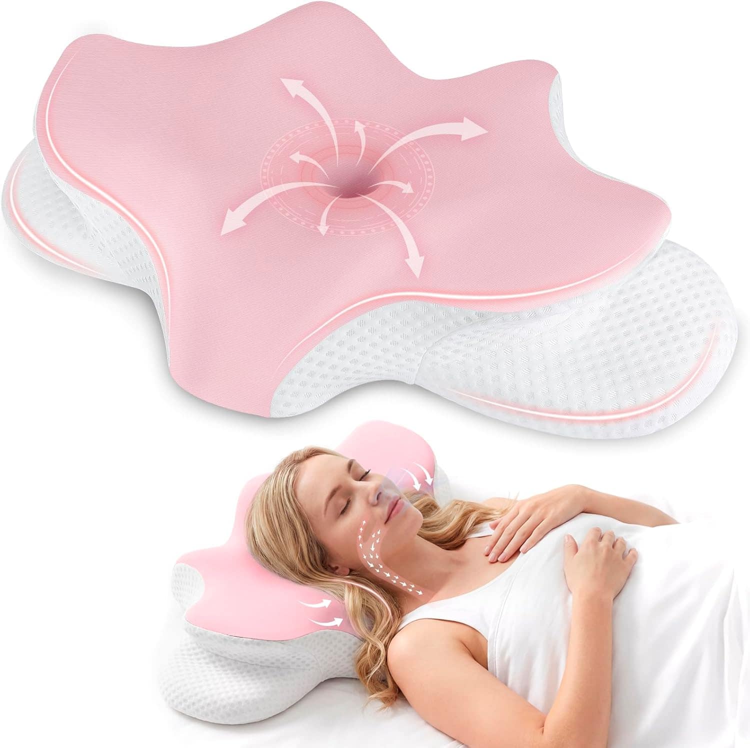 FINEAK - Ergonomic Memory Foam Cervical Neck Pillow for Pain Relief & Support - Pink