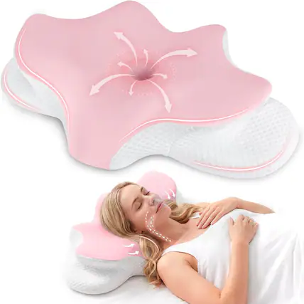 Front. FINEAK - Ergonomic Memory Foam Cervical Neck Pillow for Pain Relief & Support - Pink.