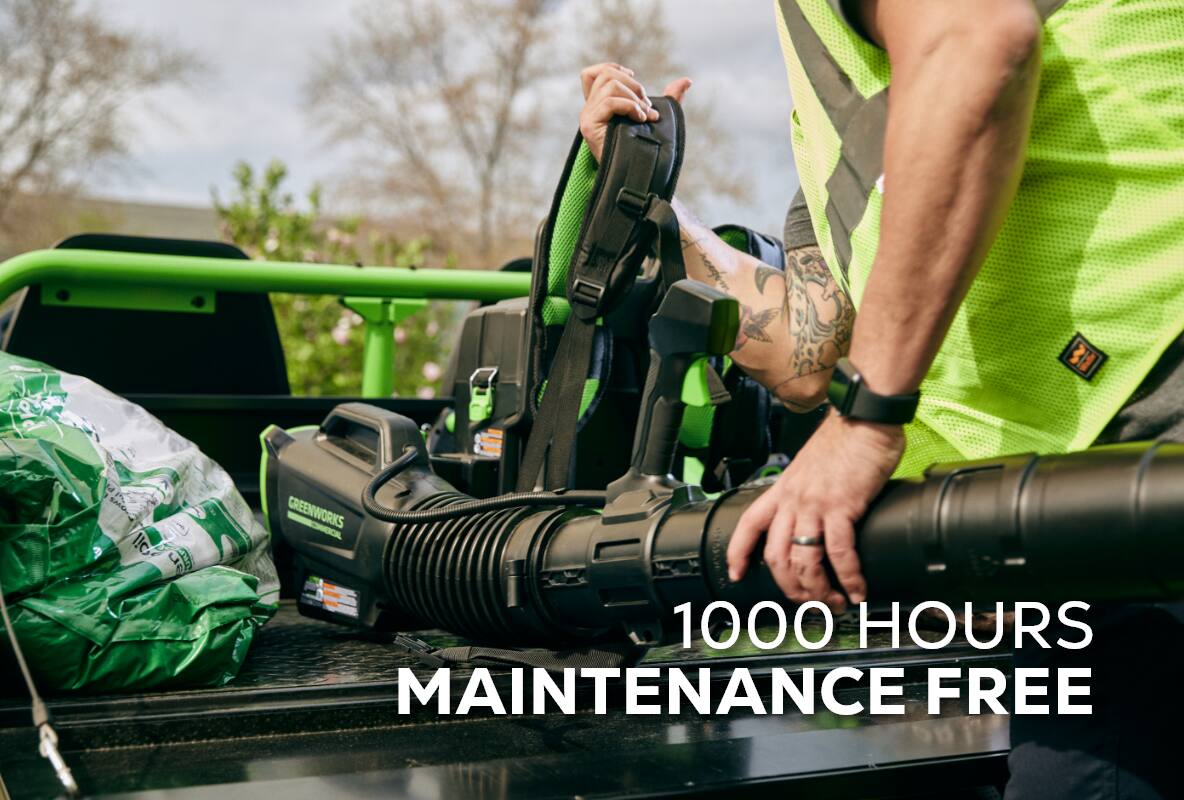 3 tal SMOI ail on r D GREENWORKS OR 1000 HOURS MAINTENANCE FREE