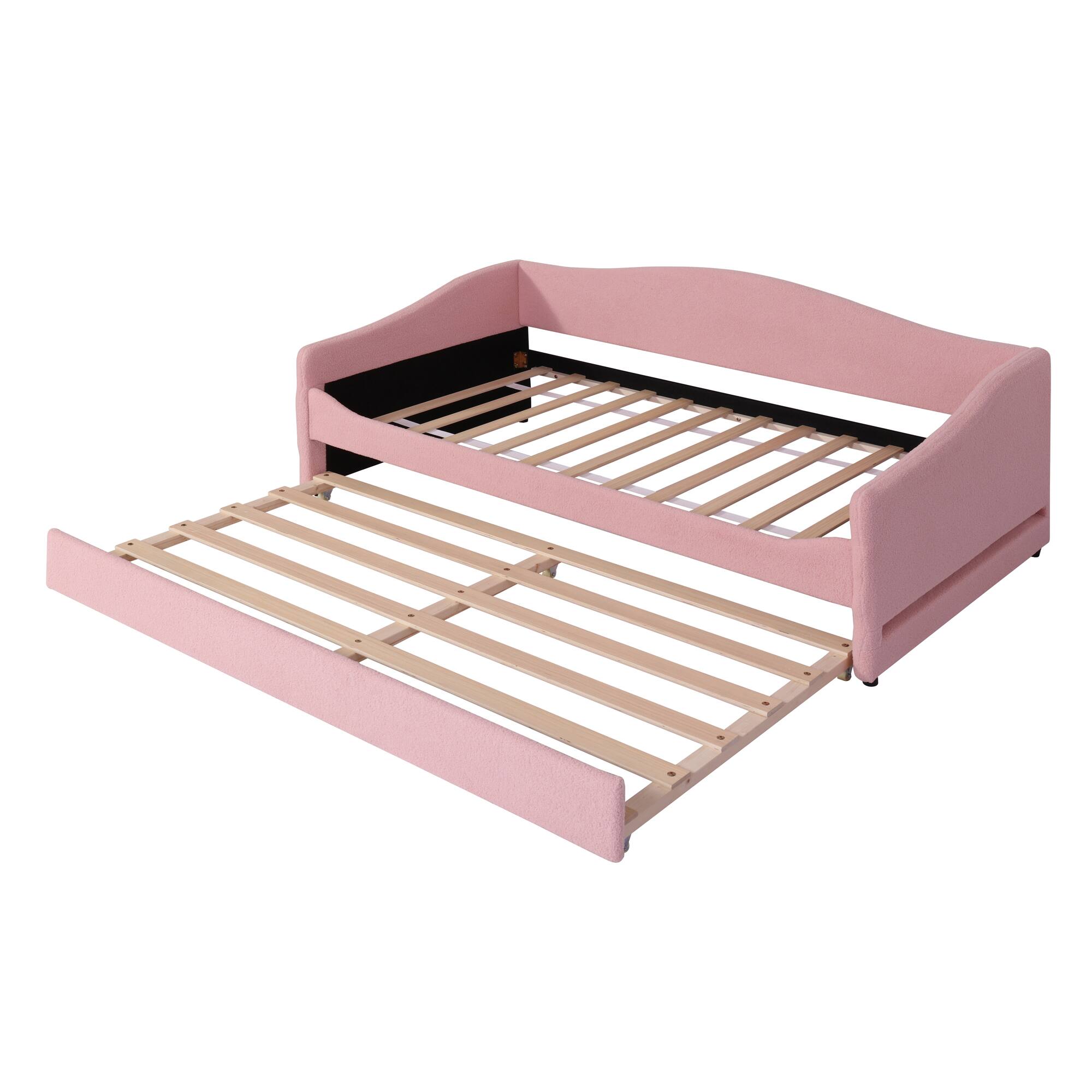Alt View 2. Tiramisubest - Teddy Fleece Twin Size Upholstered Daybed with Light and Trundle, Pink - Pink.