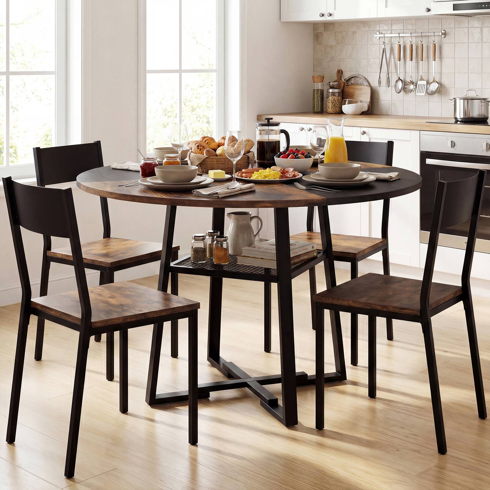 Alt View 4. Gymax - Gymax Round Dining Table for 4-6 47.5'' Dining Room Table w/Storage Shelf & Metal Legs Rustic Brown & Black - Brown.