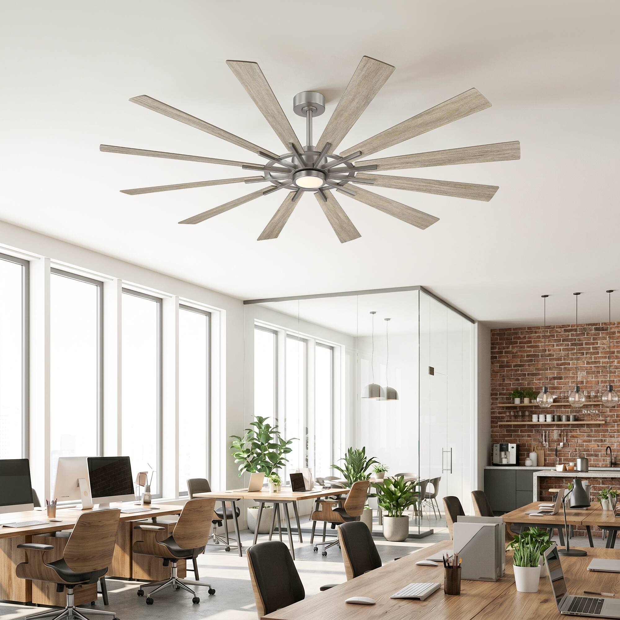 Back. Parrot Uncle - 72" Large Farmhouse 12-Blade  Windmill Ceiling Fan with Dimmable LED Light and 6-Speed Remote - Nickle.