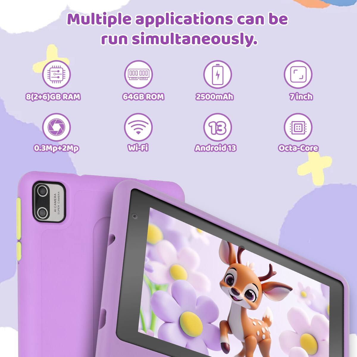 Multiple applications can be run simultaneously.

- 8(2+6)GB RAM
- 64GB ROM
- 2500mAh
- 7 inch
- 0.3Mp+2Mp
- Wi-Fi
- Android 13
- Octa-Core
- CAMERA AI
- CAMERA PAPER
