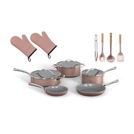 Bakken- Swiss - Crystal Kung Minkoff Ceramic Cookware Set – 14-Piece Pots and Pans Set with Lids, Silicone Utensils & Oven Mitts, Nonsti - Cream