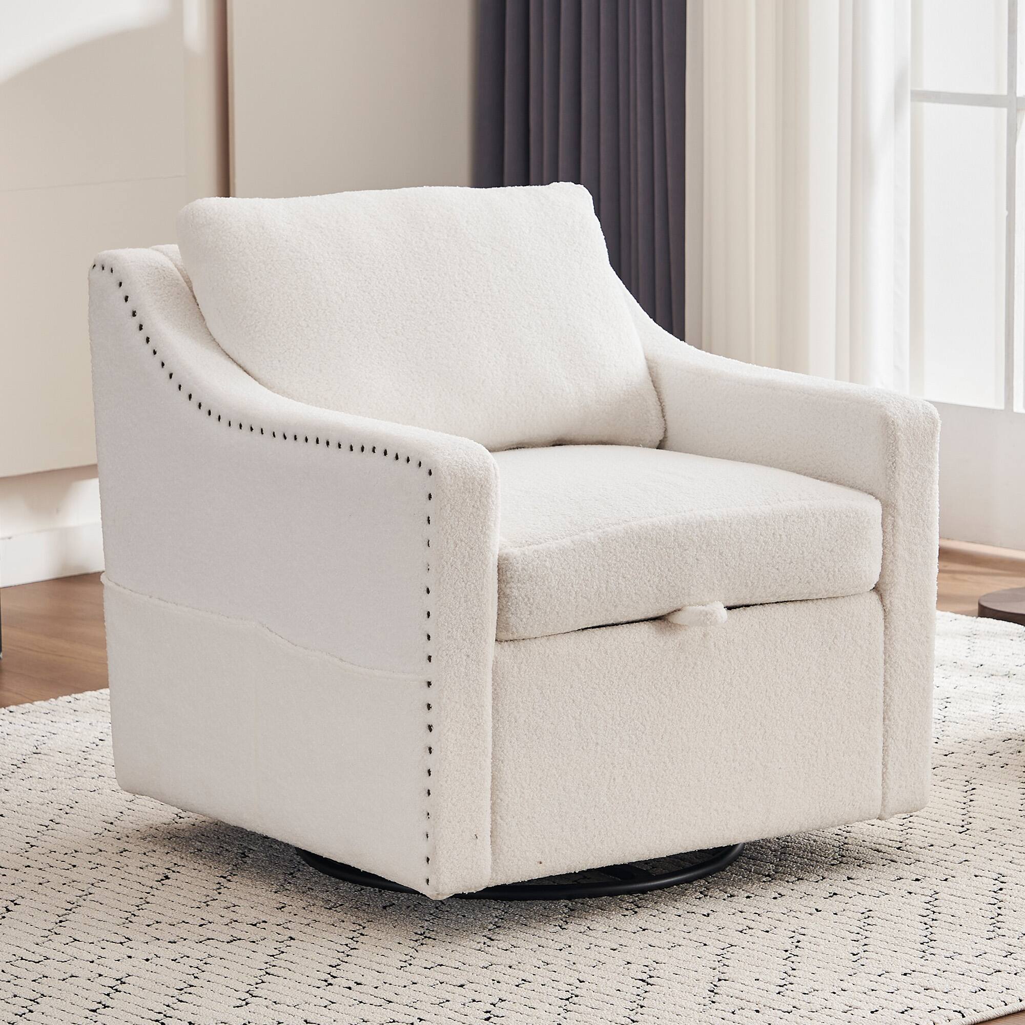 Front. APRILSOUL - Fabric Swivel Accent Chair Upholstered One Back Pillow Single Sofa High Backrest Living Room Ivory - Ivory.