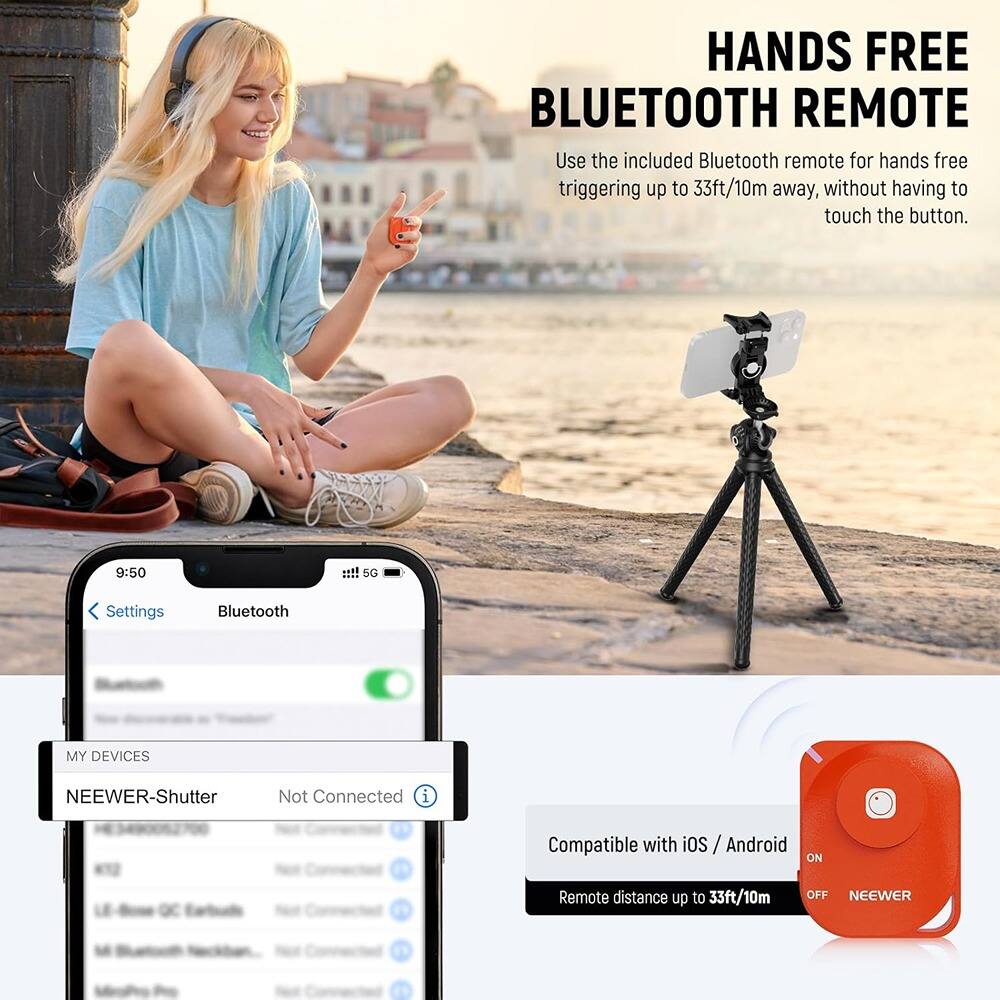 **HANDS FREE BLUETOOTH REMOTE**

Use the included Bluetooth remote for hands free triggering up to 33ft/10m away, without having to touch the button.

---

**MY DEVICES**

- NEEWER-Shutter Not Connected

---

**Compatible with iOS / Android**

- Remote distance up to 33ft/10m

---

**NEEWER**