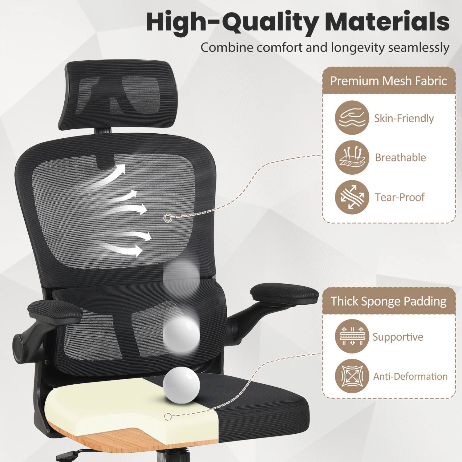 High-Quality Materials  
Combine comfort and longevity seamlessly

Premium Mesh Fabric  
- Skin-Friendly  
- Breathable  
- Tear-Proof

Thick Sponge Padding  
- Supportive  
- Anti-Deformation