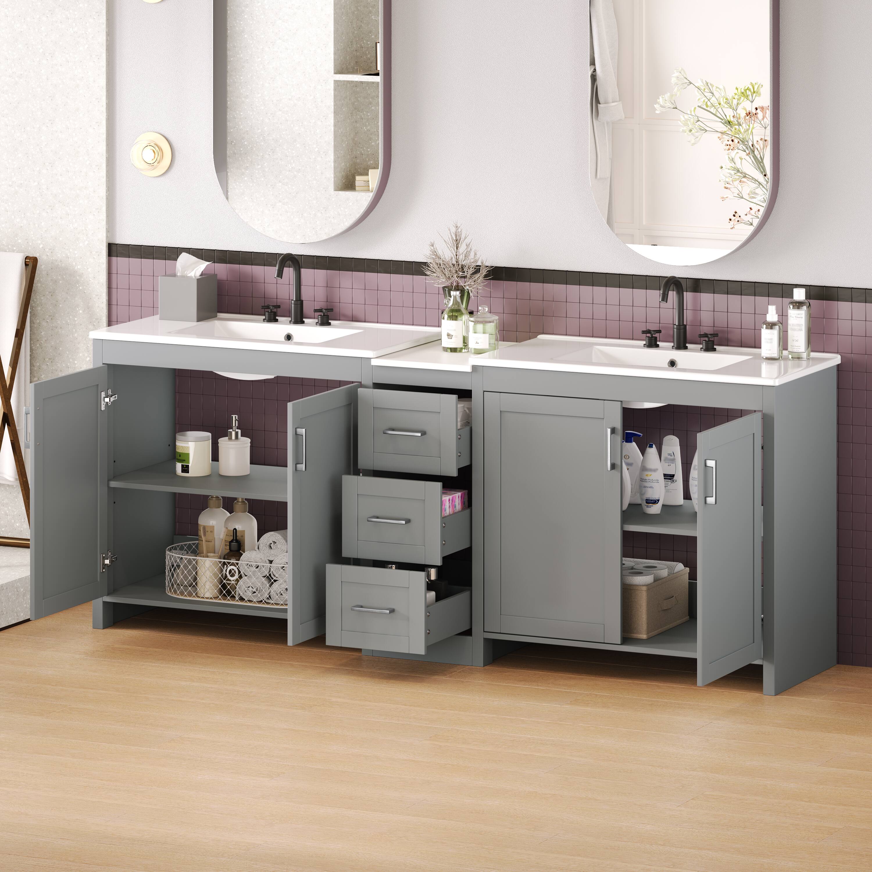 Alt View 1. Loheer - 7 ft Double Sink Bathroom Vanity with Quartz Top, Ceramic Basins, Soft Close Storage - Gray.