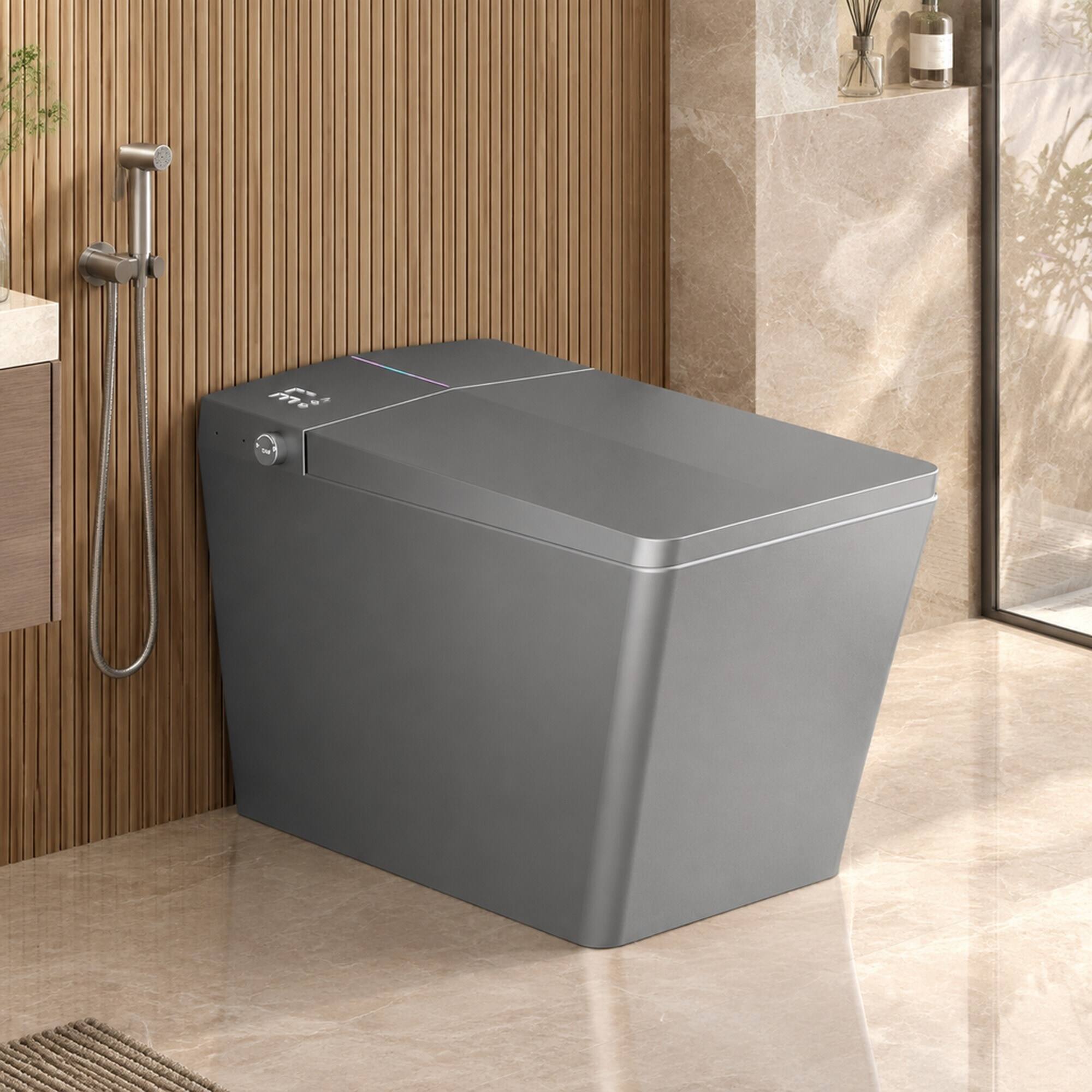 Angle. RYHNUYNE - Square Matte Grey Smart Bidet Toilet, Built-in Tank Remote Foot Touch Auto Flush Heated Seat LED Display User Memory - Matte Gray.