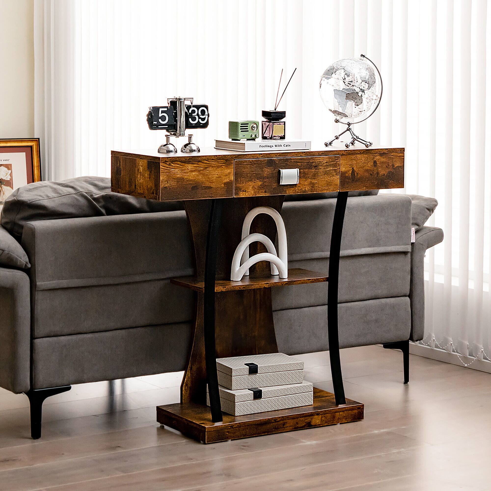 Alt View 2. Gymax - Gymax Console Sofa Table w/ Drawer and 2-Tier Shelves for Entryway Living Room Rustic Brown - Rustic Brown.