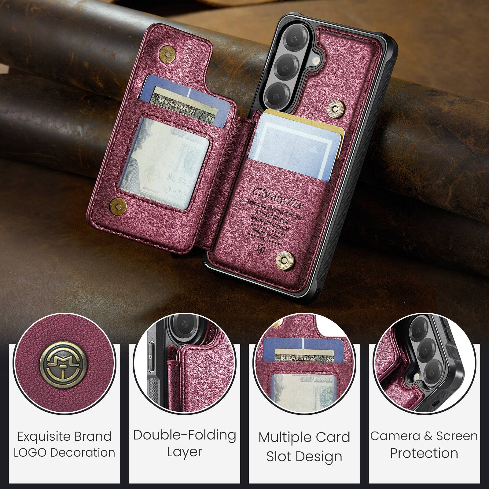 RENI ML 543 A 0 Eiprosestio Casele porvesal A ted of Cn certolar Netura d stylo Simple A ologence . LEY Exquisite Brand Double-Folding Multiple Card Camera & Screen LOGO Decoration Layer Slot Protection Design