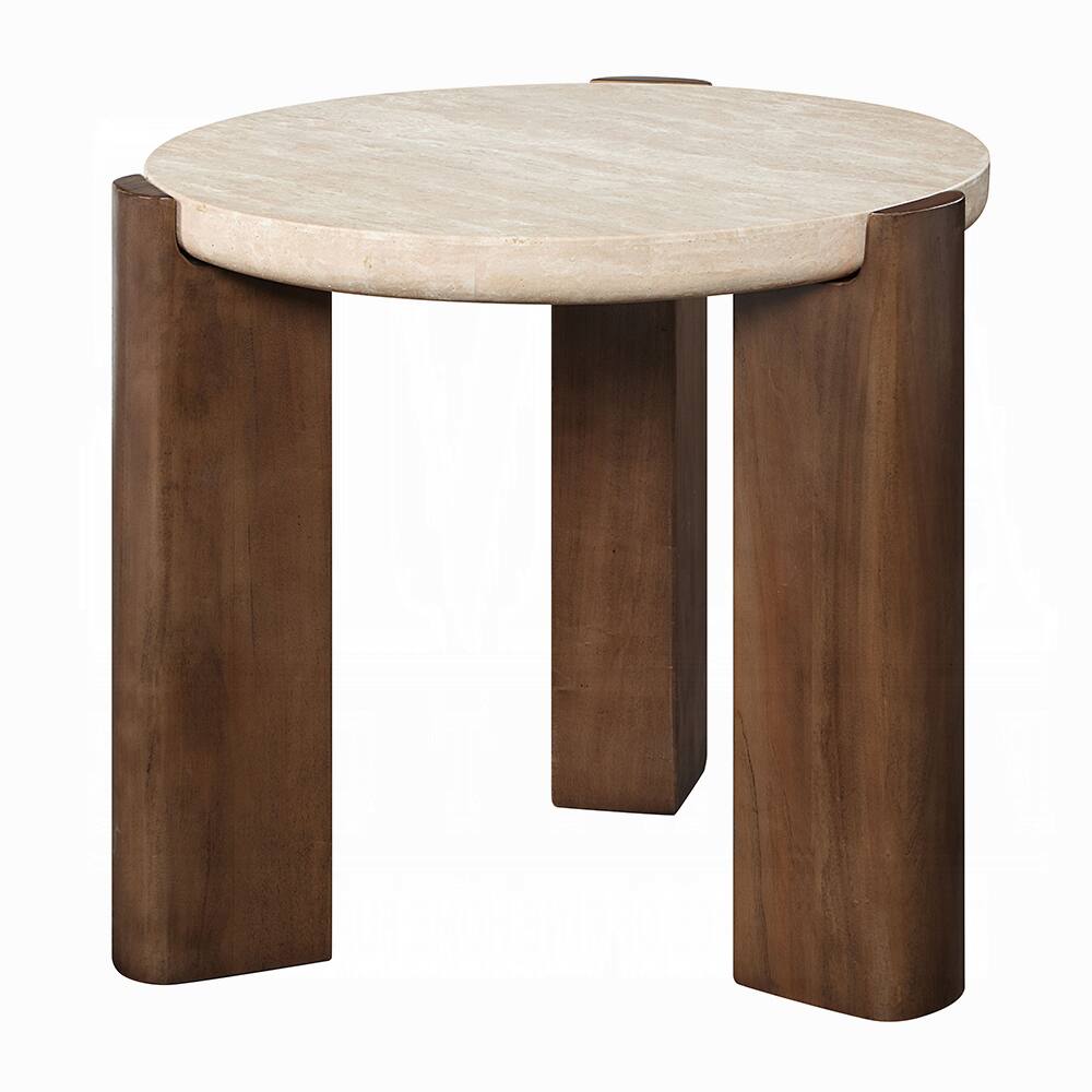 Alt View 2. Manhattan Lane - Hery Side End Table, 22 Inch Round Travertine Top, Dark Oak Brown Legs - Beige, Dark Oak Brown.