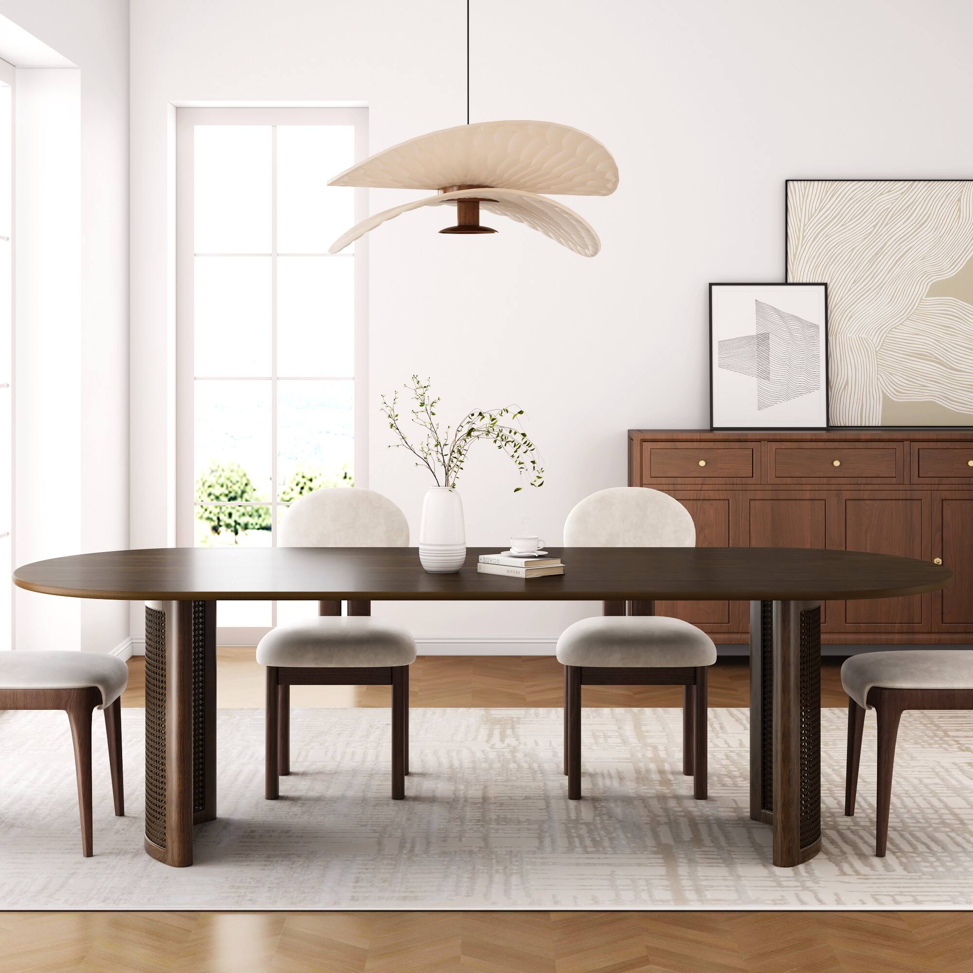 Alt View 1. Lirago - 79" Oval Dining Table Solid Wood - Double Pedestal Kitchen Table, Classic Dining Room Table for Home,rattan weaving - Brown.