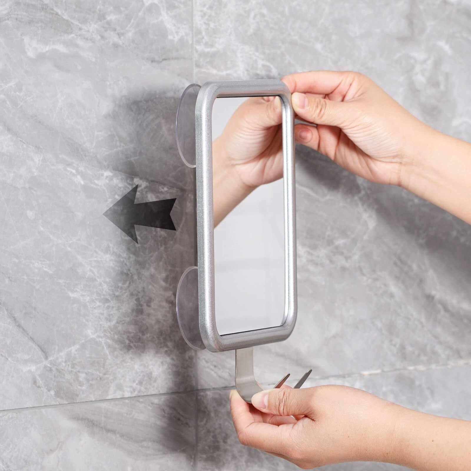 Back. Dazzed Corner - Fogless Shower Mirror with 4 Suction Cups, Anti-Fog Shaving Mirror with Razor Holder - Silver.