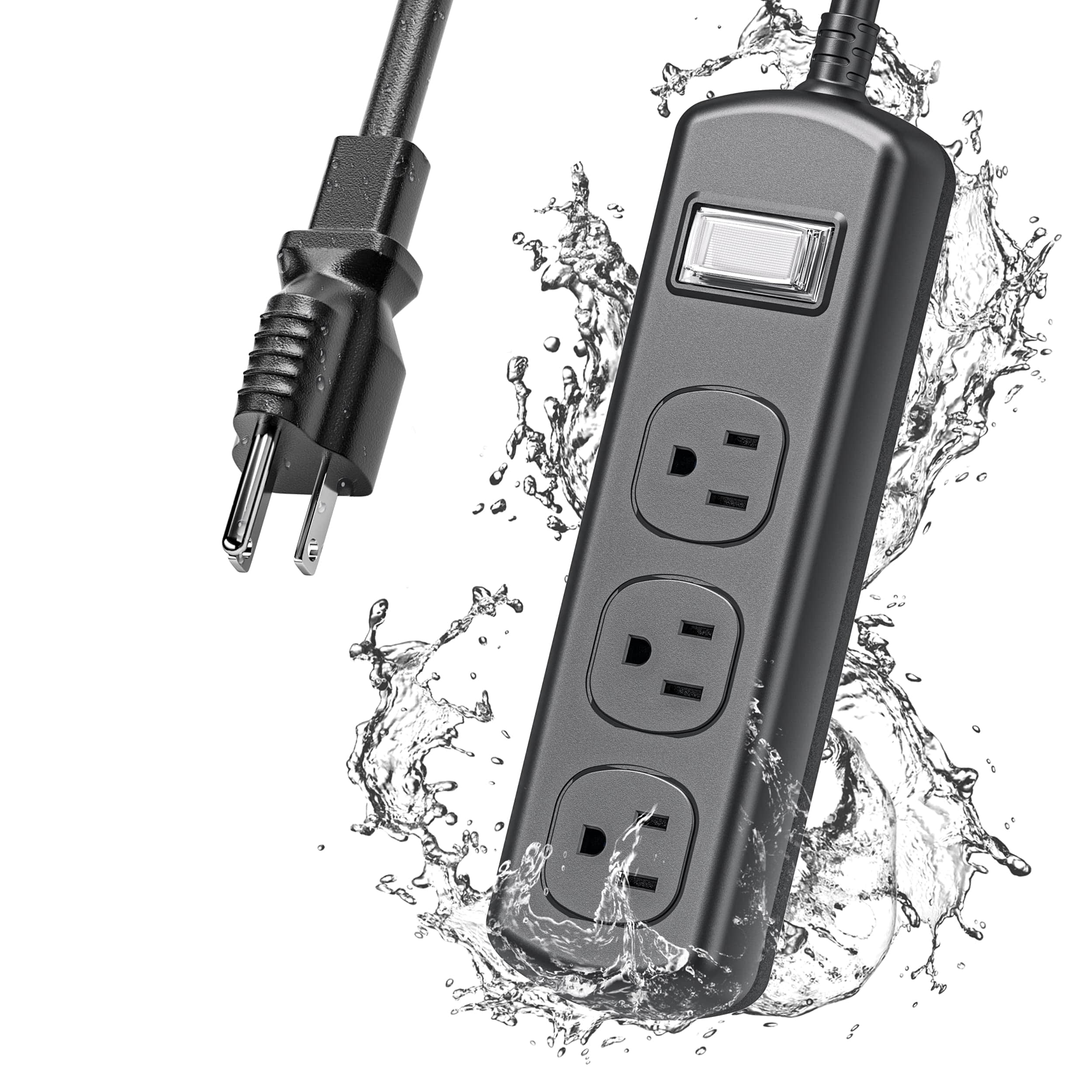 Dazzed Corner - 3 Outlets Outdoor Power Strip Weatherproof, 6 FT Heavy Duty Extension Cord - Black