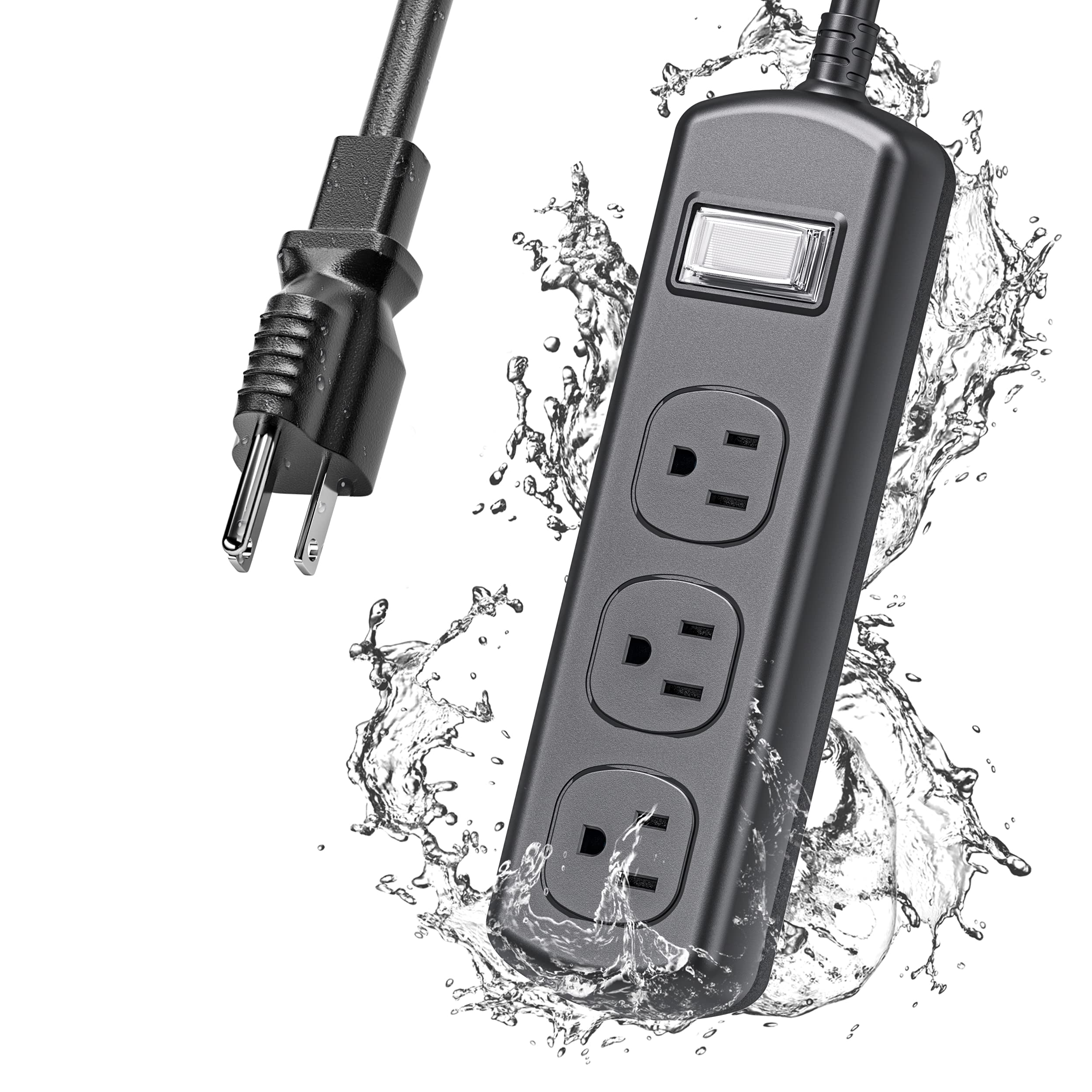 Front. Dazzed Corner - 3 Outlets Outdoor Power Strip Weatherproof, 6 FT Heavy Duty Extension Cord - Black.
