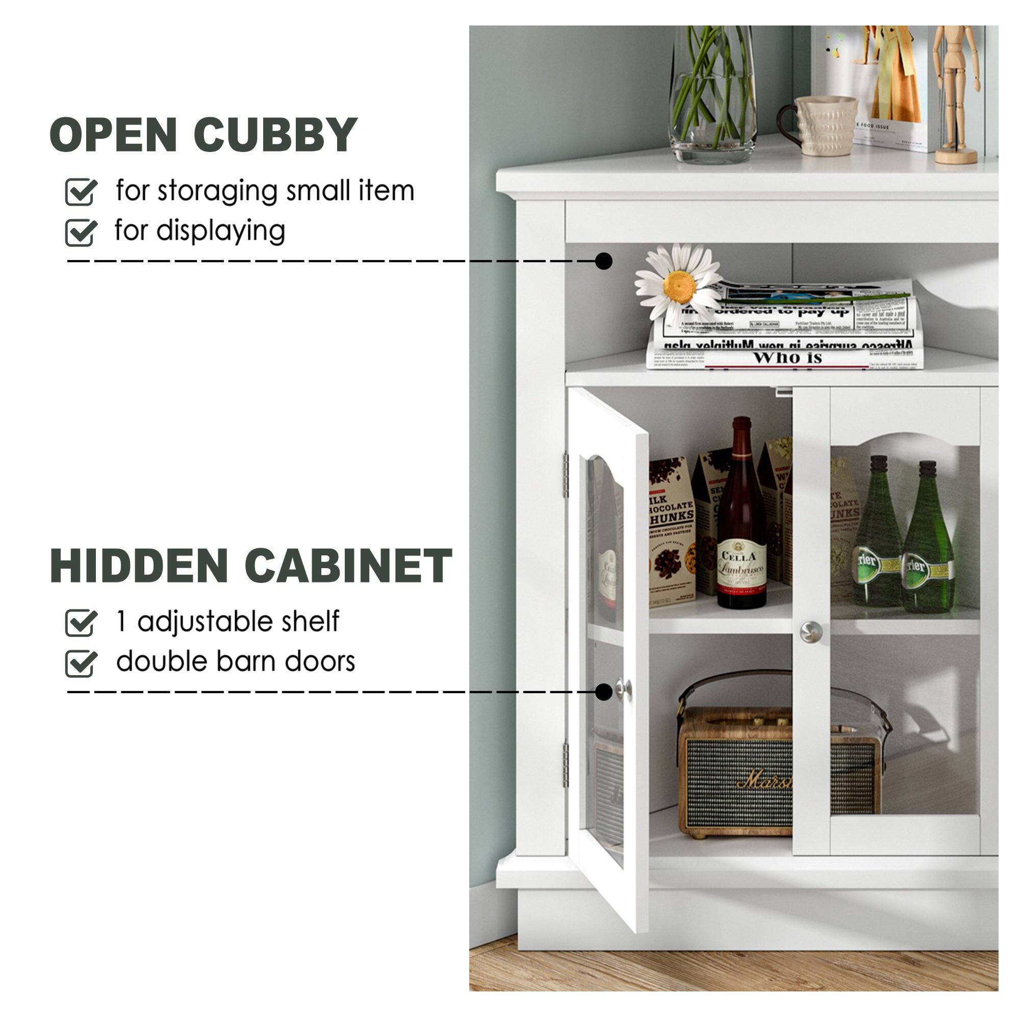 OPEN CUBBY  
- for storing small items  
- for displaying  

HIDDEN CABINET  
- 1 adjustable shelf  
- double barn doors