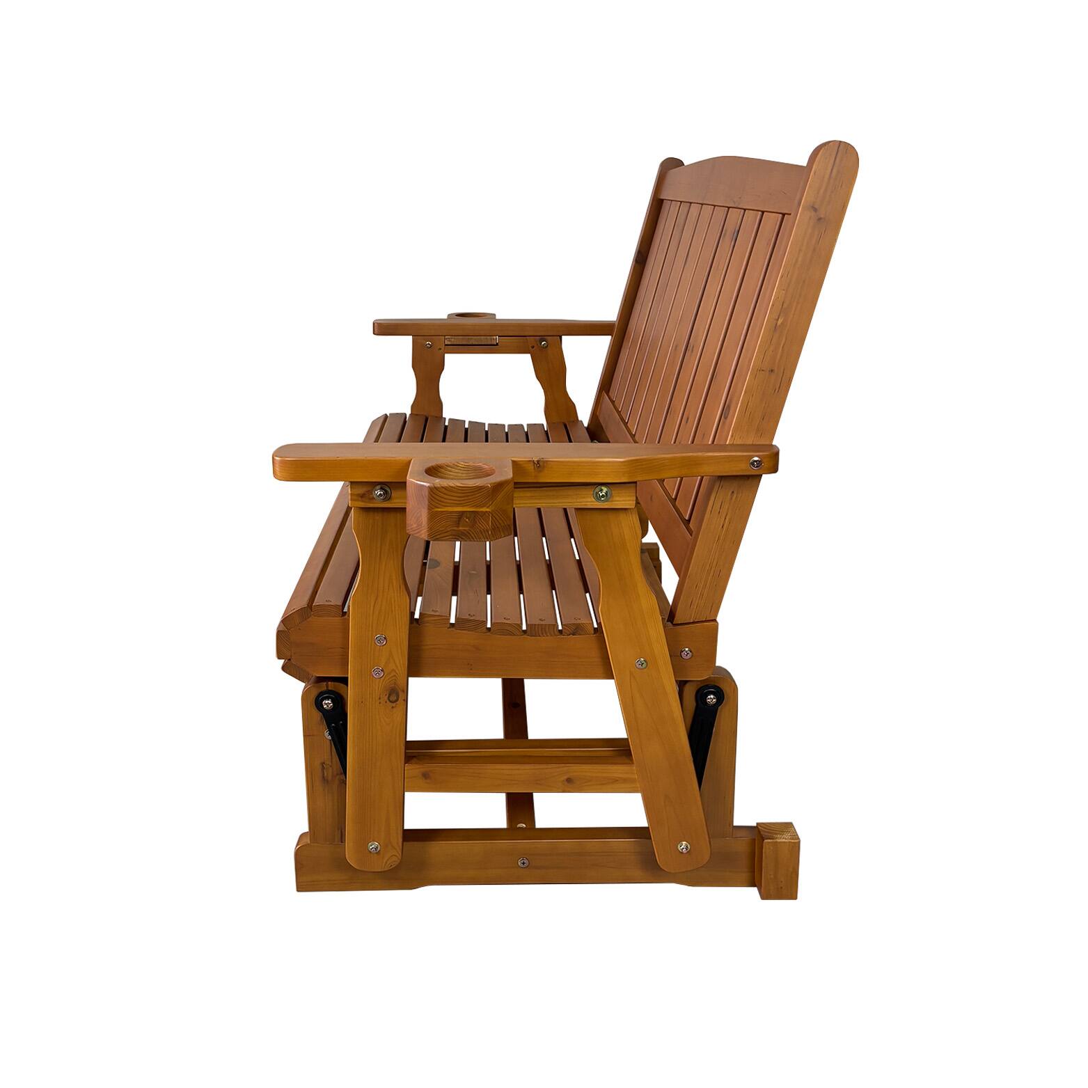 Alt View 5. Fortune Candy - Wooden Patio Glider with Cup Holders, High Back and Deep Contoured Seat, for Porch Yard Garden (Teak Tone, 2-Seater) - Teak Tone.