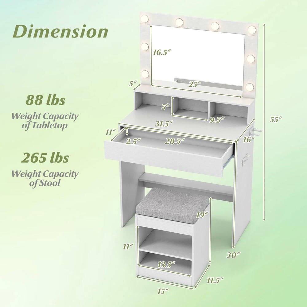 Dimension  
16.5"  
88 lbs Weight Capacity of Tabletop  
265 lbs Weight Capacity of Stool  

11"  
5"  
2.5"  
25"  
5"  
9.5"  
31.5"  
28.5"  
16"  
55"  
19"  
11"  
13.5"  
30"  
15"  
11.5"
