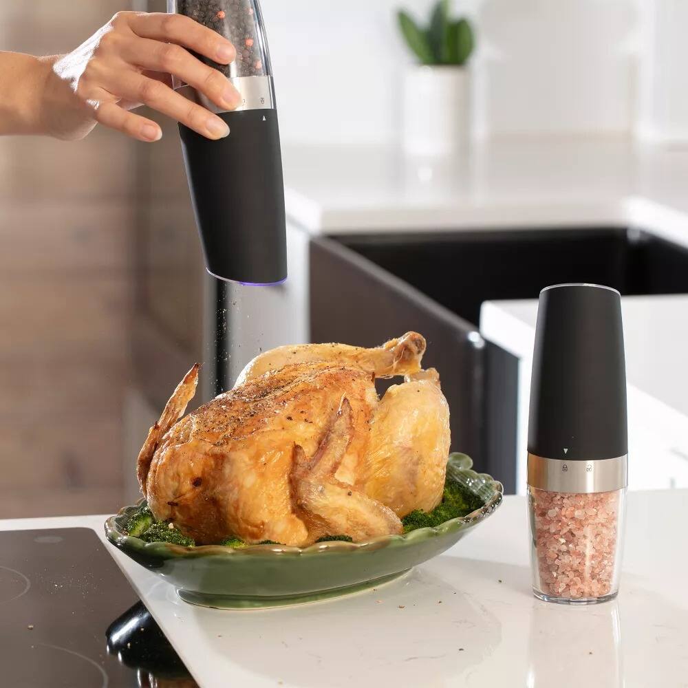Angle. Luminuxe - Gravity Electric Pepper & Salt Grinder Set – One-Hand Auto, Adjustable Coarseness, LED Battery Powered Ceramic Mechanism - Black.