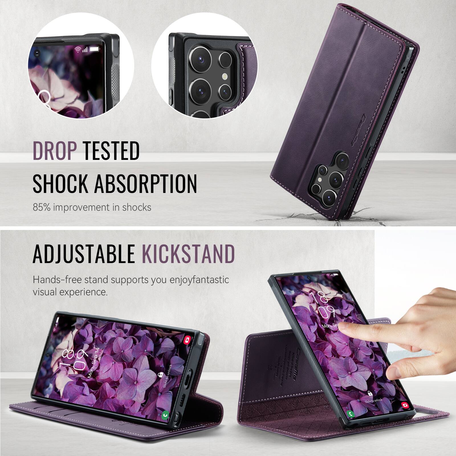DROP TESTED SHOCK ABSORPTION  
85% improvement in shocks  

ADJUSTABLE KICKSTAND  
Hands-free stand supports you enjoy fantastic visual experience.