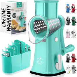 Zulay Kitchen - Rotary Cheese Grater 5 Blade Cheese Shredder with Reinforced Suction & 5 Interchangeable Drums - Teal