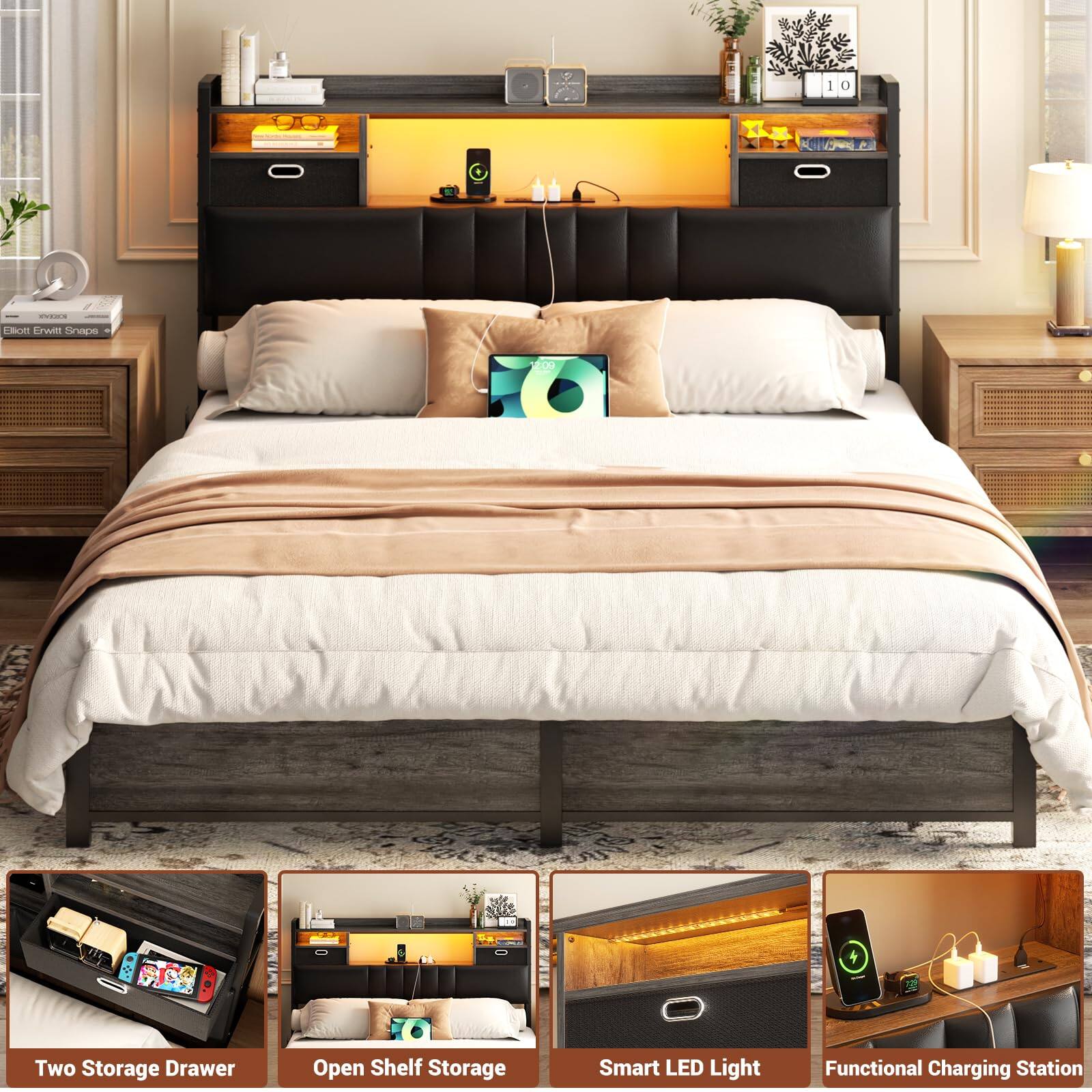 I D C DBOE Crwill Snape - U .. AVIM O s Two Storage Drawer Open Shelf Storage Smart LED Light Functional Charging Station