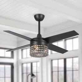 Parrot Uncle - 48" Wood 4-Blade Crystal Fandelier Ceiling Fan with Remote and Light - Black